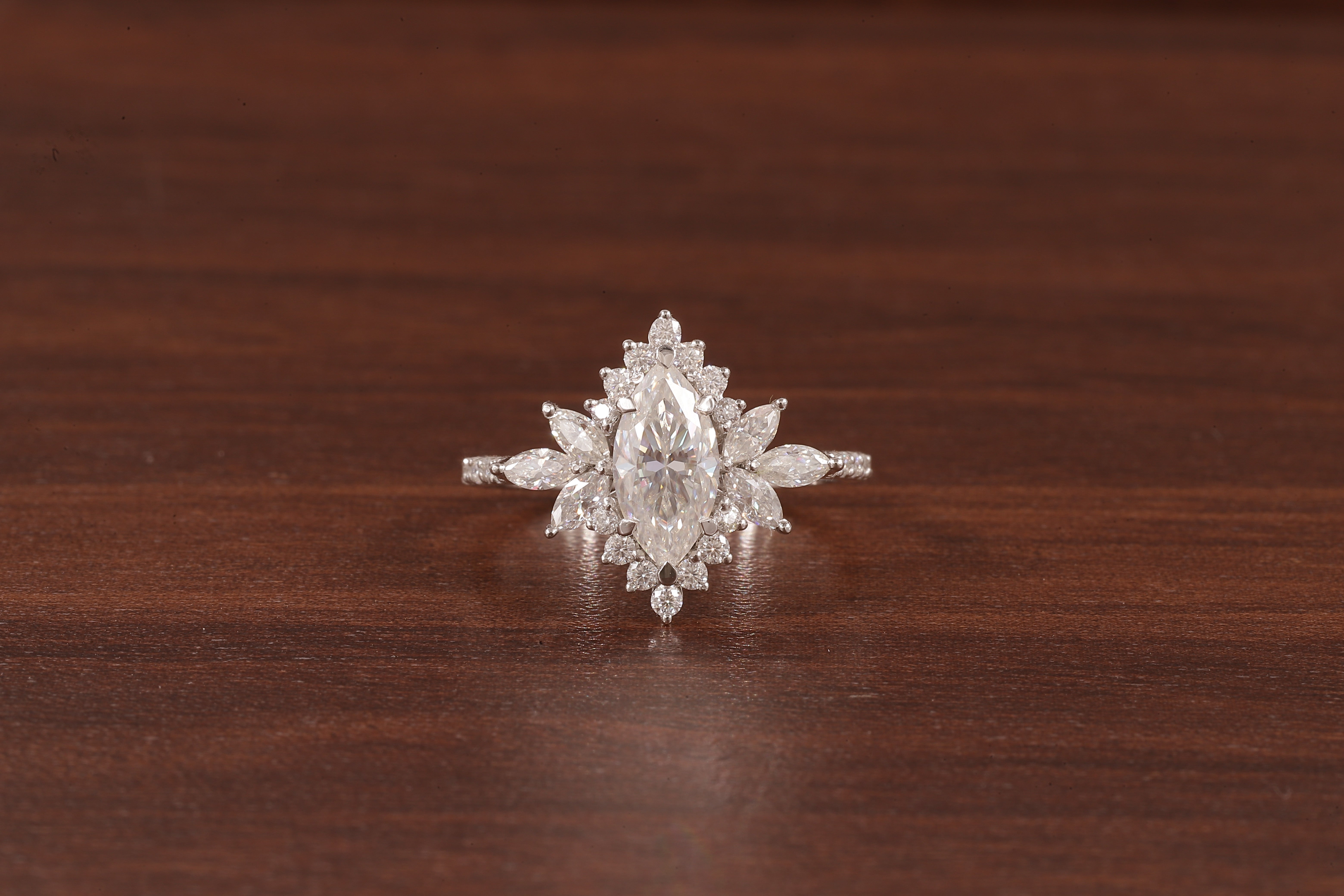 Marquise Moissanite Engagement Ring – Vintage Art Deco Cluster Wedding Ring in White Gold