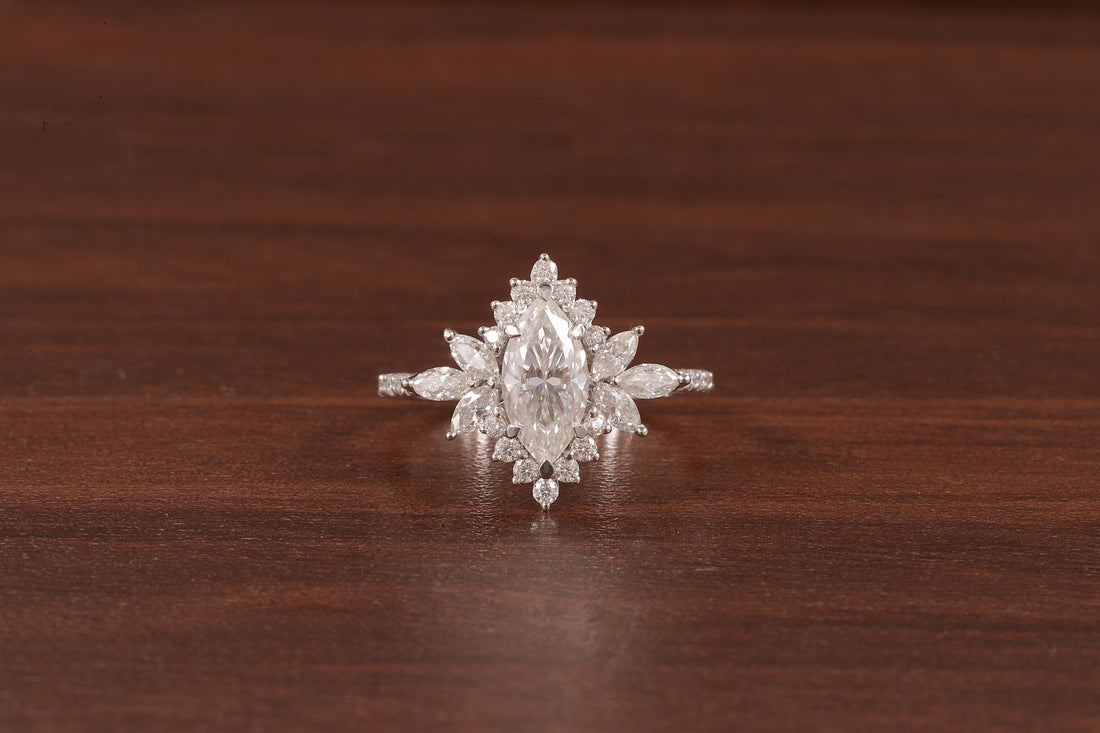 Marquise Moissanite Engagement Ring – Vintage Art Deco Cluster Wedding Ring in White Gold