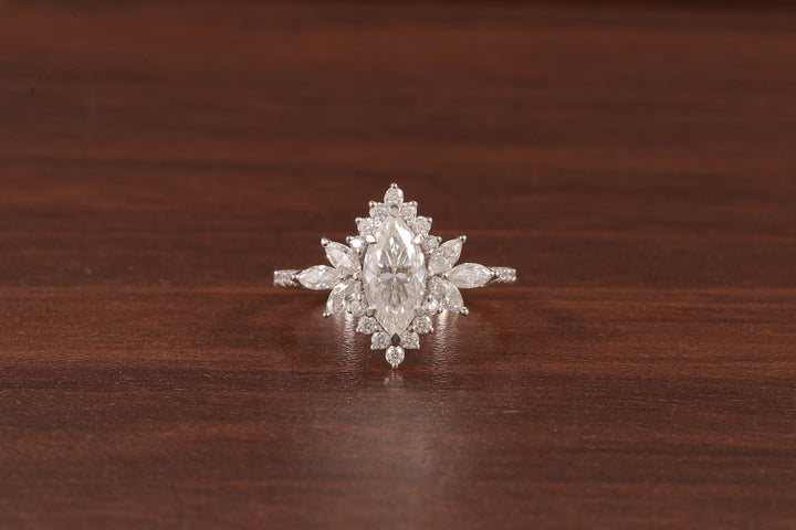 Marquise Moissanite Engagement Ring – Vintage Art Deco Cluster Wedding Ring in White Gold