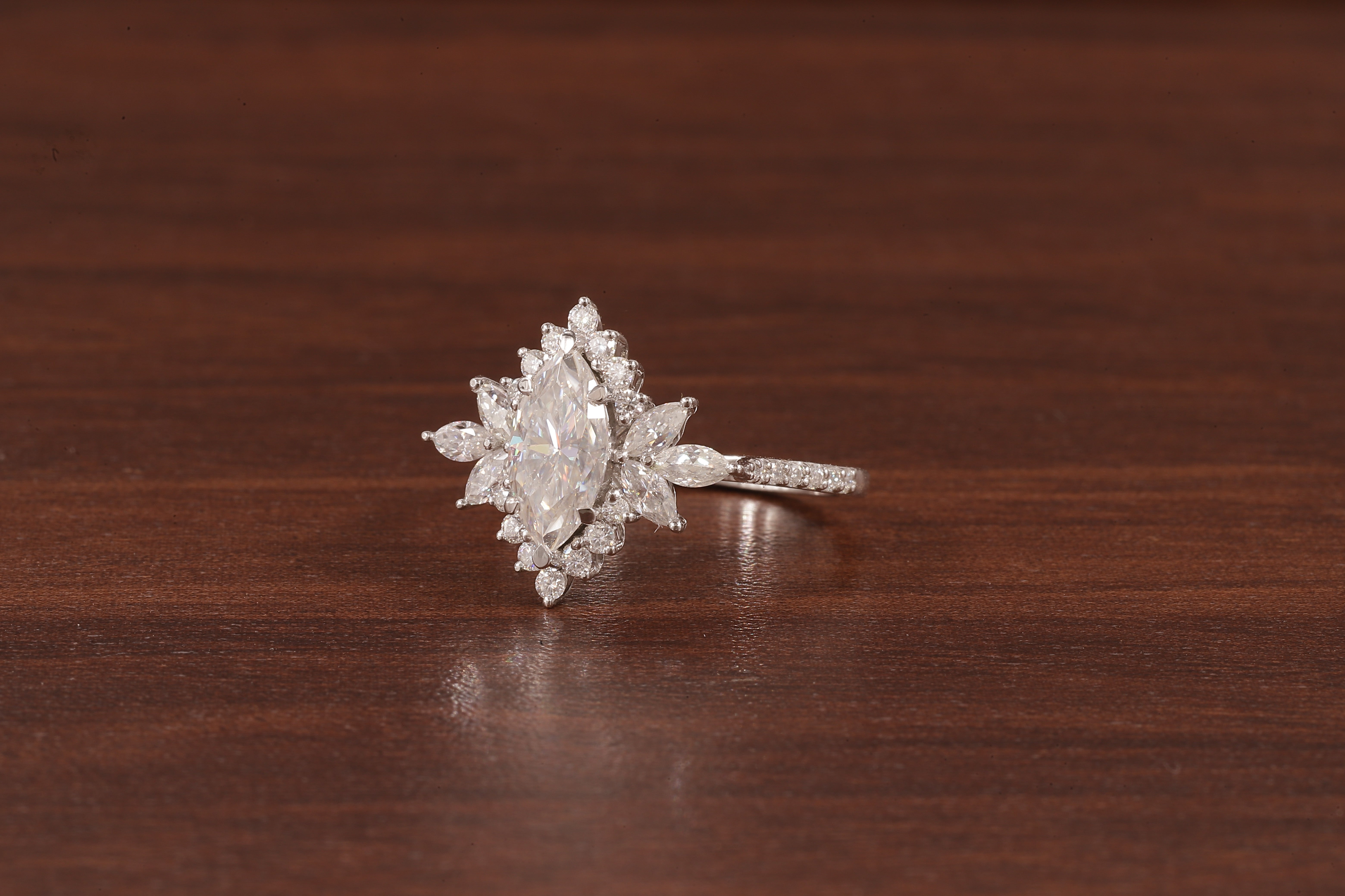 Marquise Moissanite Engagement Ring – Vintage Art Deco Cluster Wedding Ring in White Gold