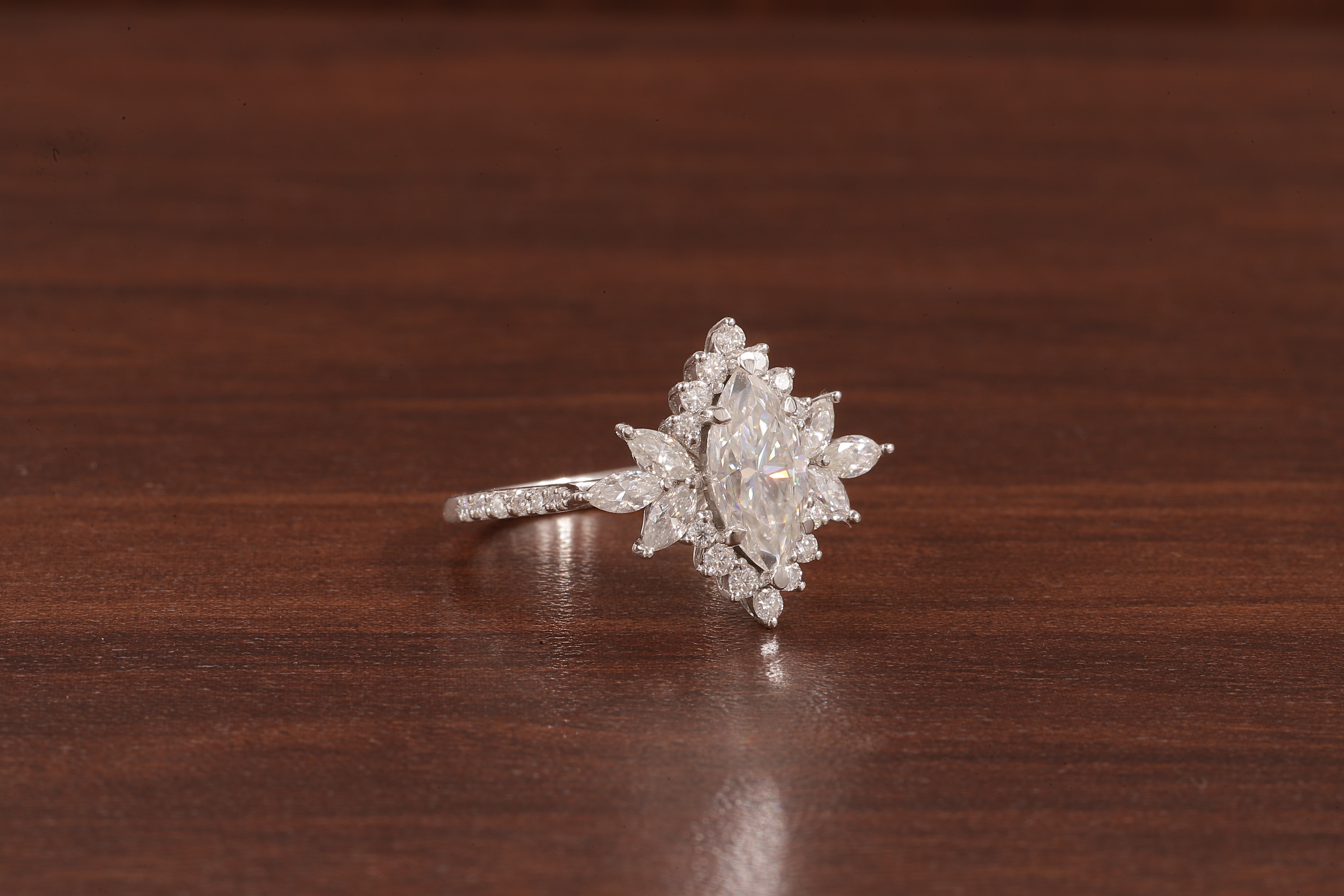 Marquise Moissanite Engagement Ring – Vintage Art Deco Cluster Wedding Ring in White Gold
