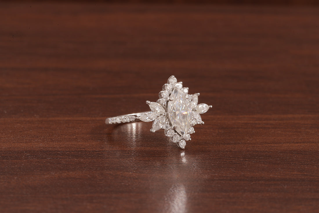 Marquise Moissanite Engagement Ring – Vintage Art Deco Cluster Wedding Ring in White Gold
