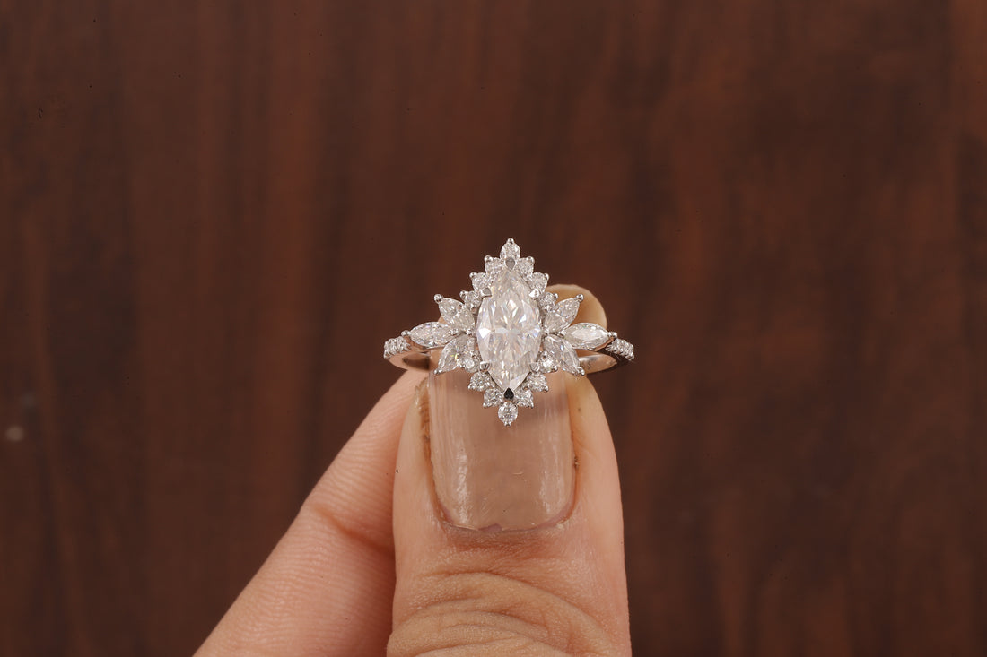 Marquise Moissanite Engagement Ring – Vintage Art Deco Cluster Wedding Ring in White Gold