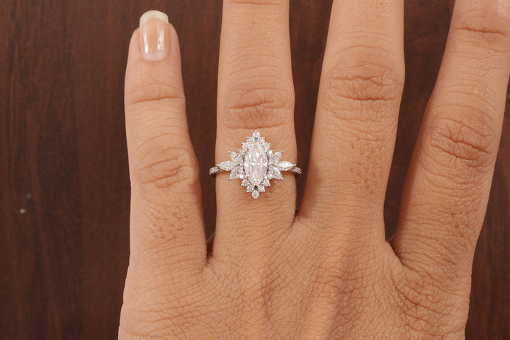 Marquise Moissanite Engagement Ring – Vintage Art Deco Cluster Wedding Ring in White Gold