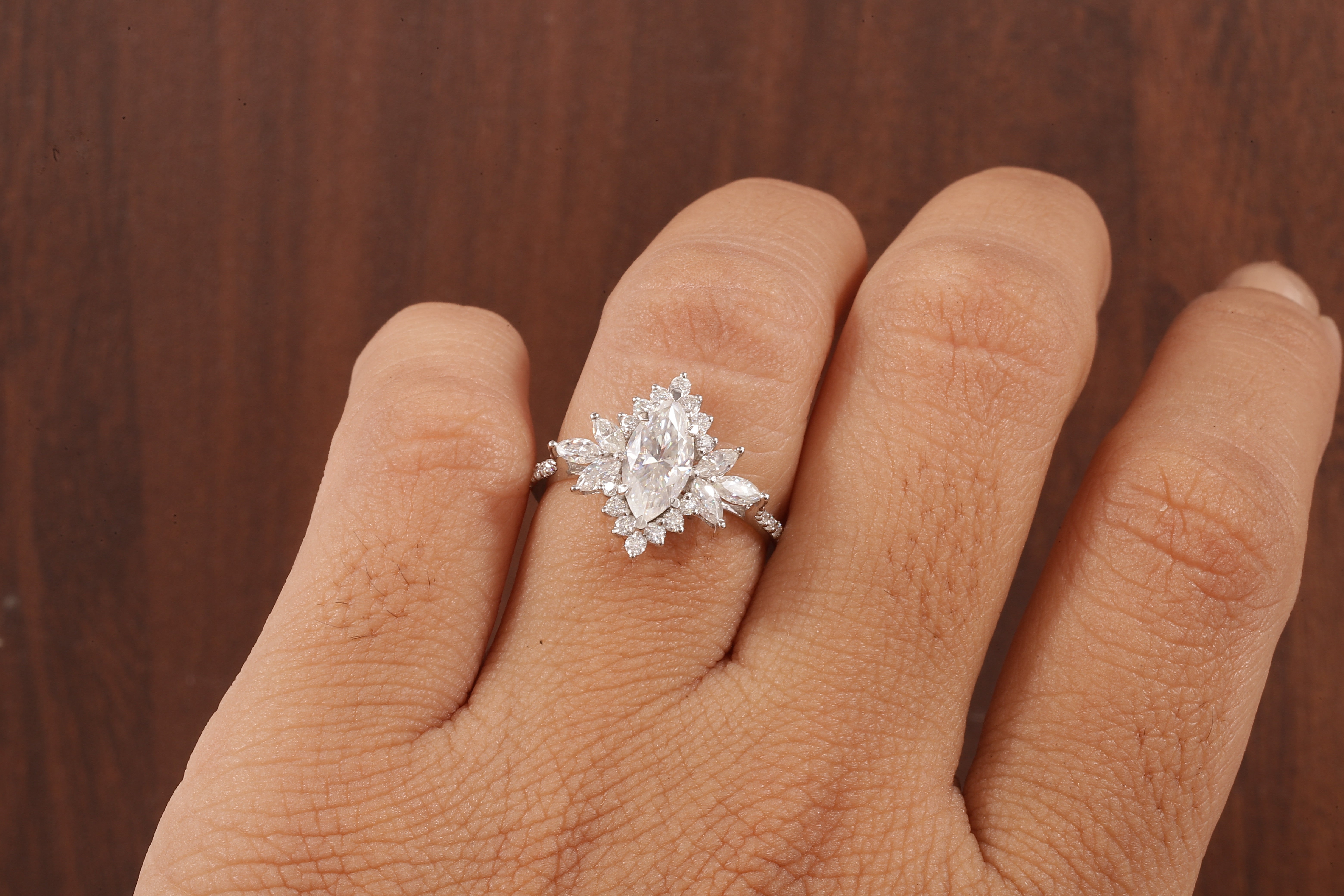 Marquise Moissanite Engagement Ring – Vintage Art Deco Cluster Wedding Ring in White Gold