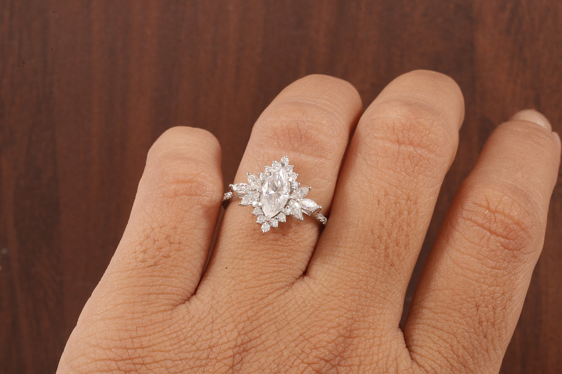 Marquise Moissanite Engagement Ring – Vintage Art Deco Cluster Wedding Ring in White Gold