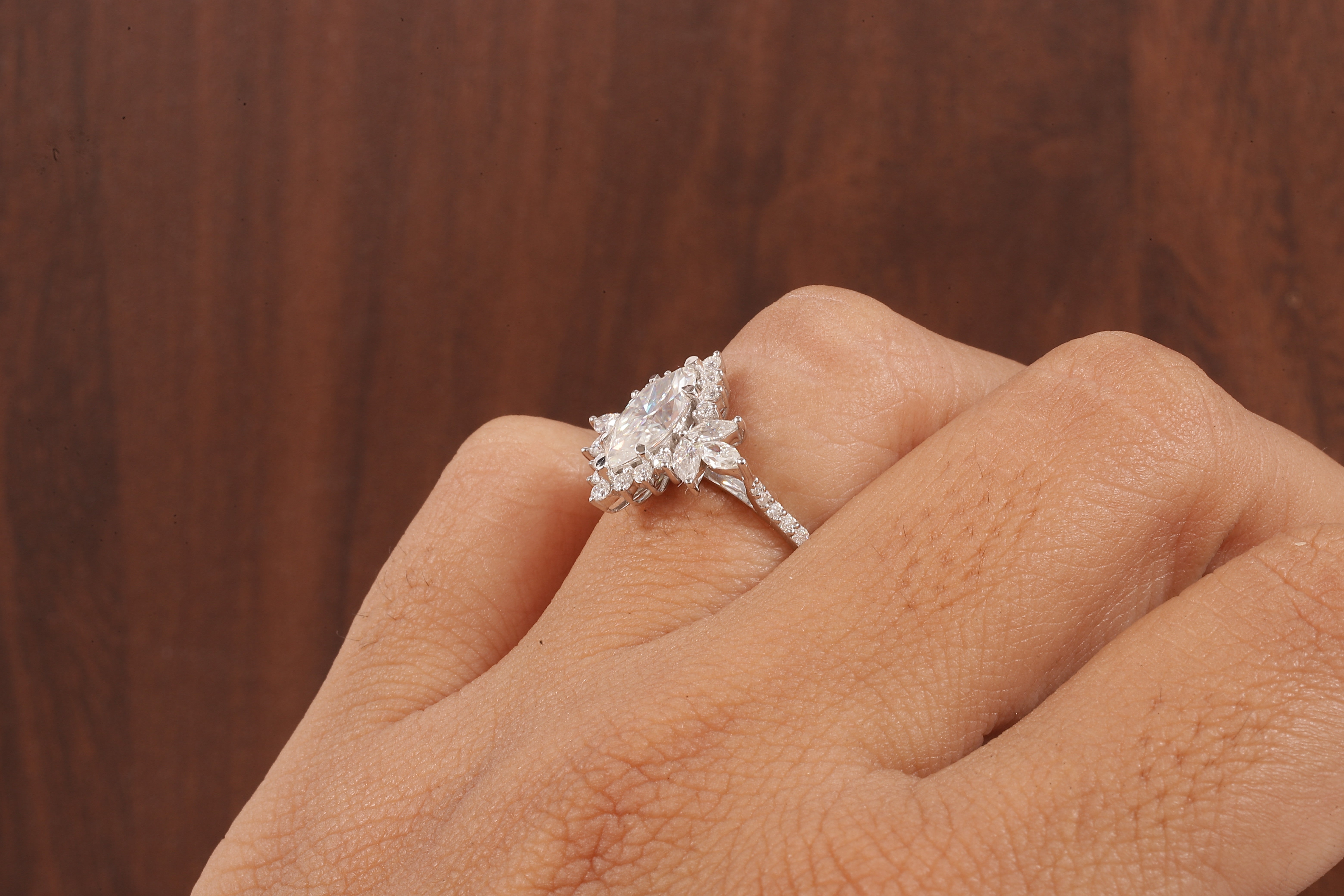 Marquise Moissanite Engagement Ring – Vintage Art Deco Cluster Wedding Ring in White Gold