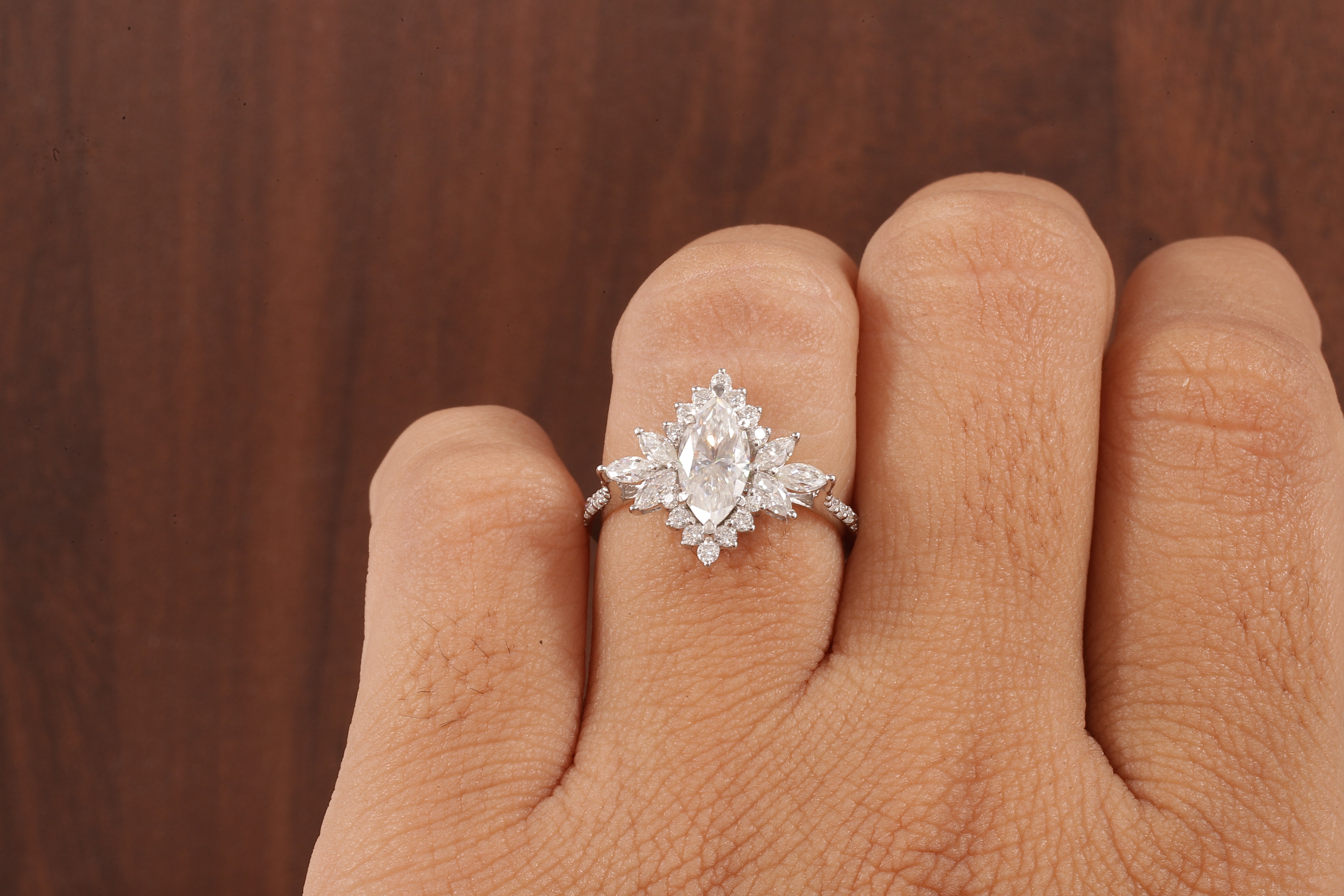 Marquise Moissanite Engagement Ring – Vintage Art Deco Cluster Wedding Ring in White Gold