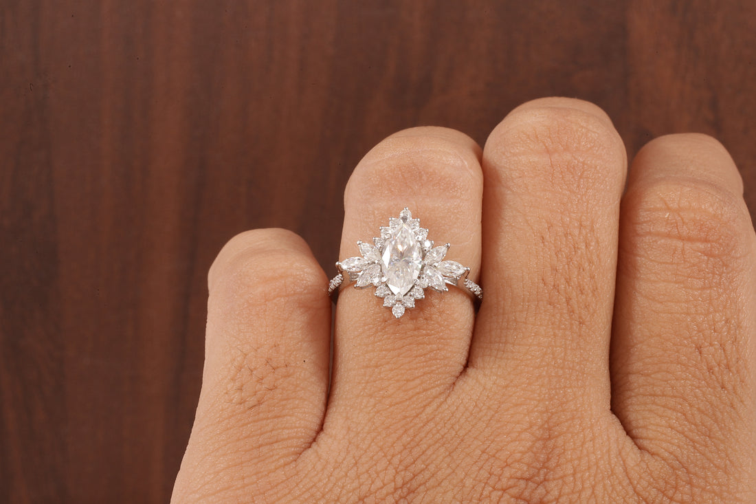 Marquise Moissanite Engagement Ring – Vintage Art Deco Cluster Wedding Ring in White Gold