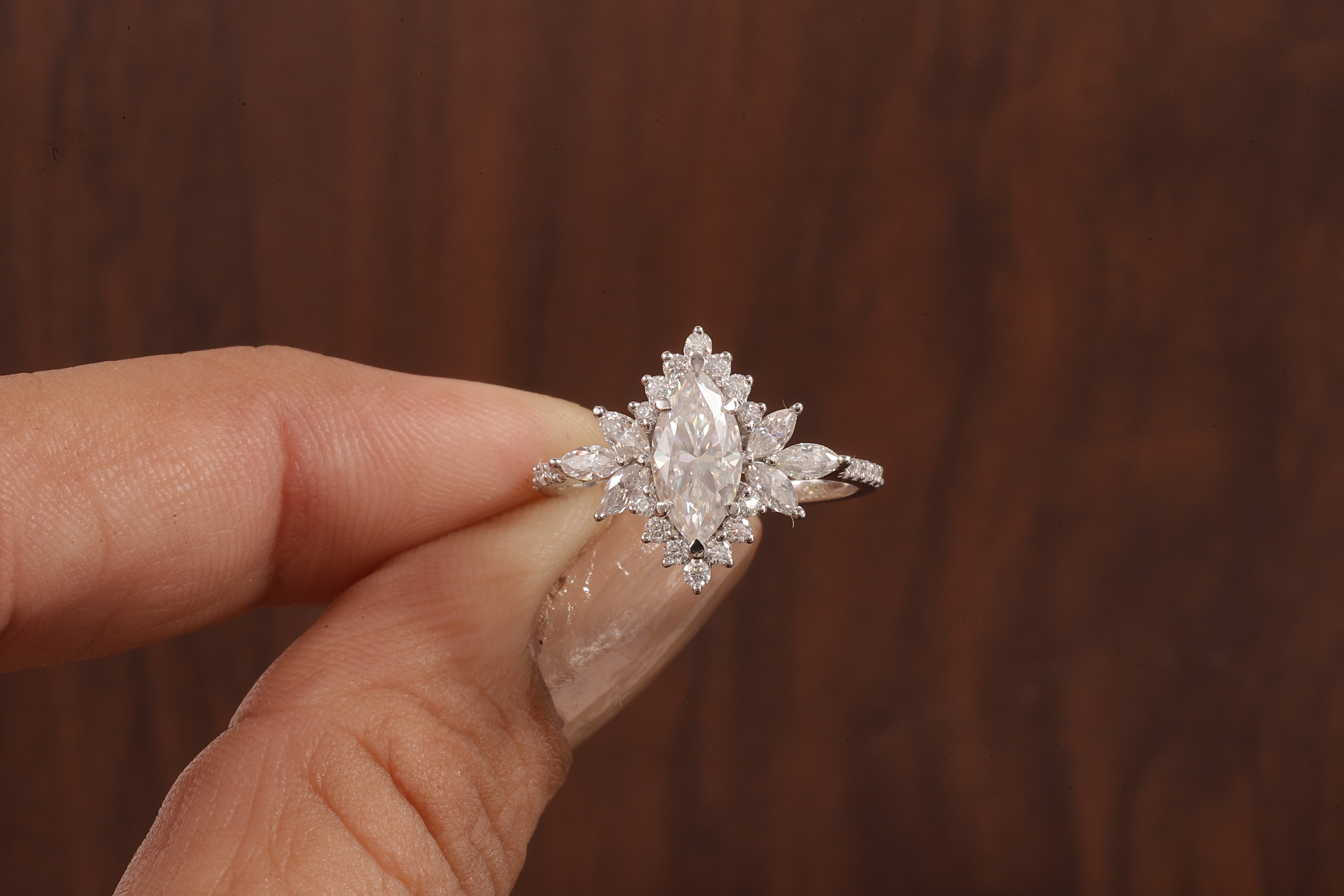 Marquise Moissanite Engagement Ring – Vintage Art Deco Cluster Wedding Ring in White Gold
