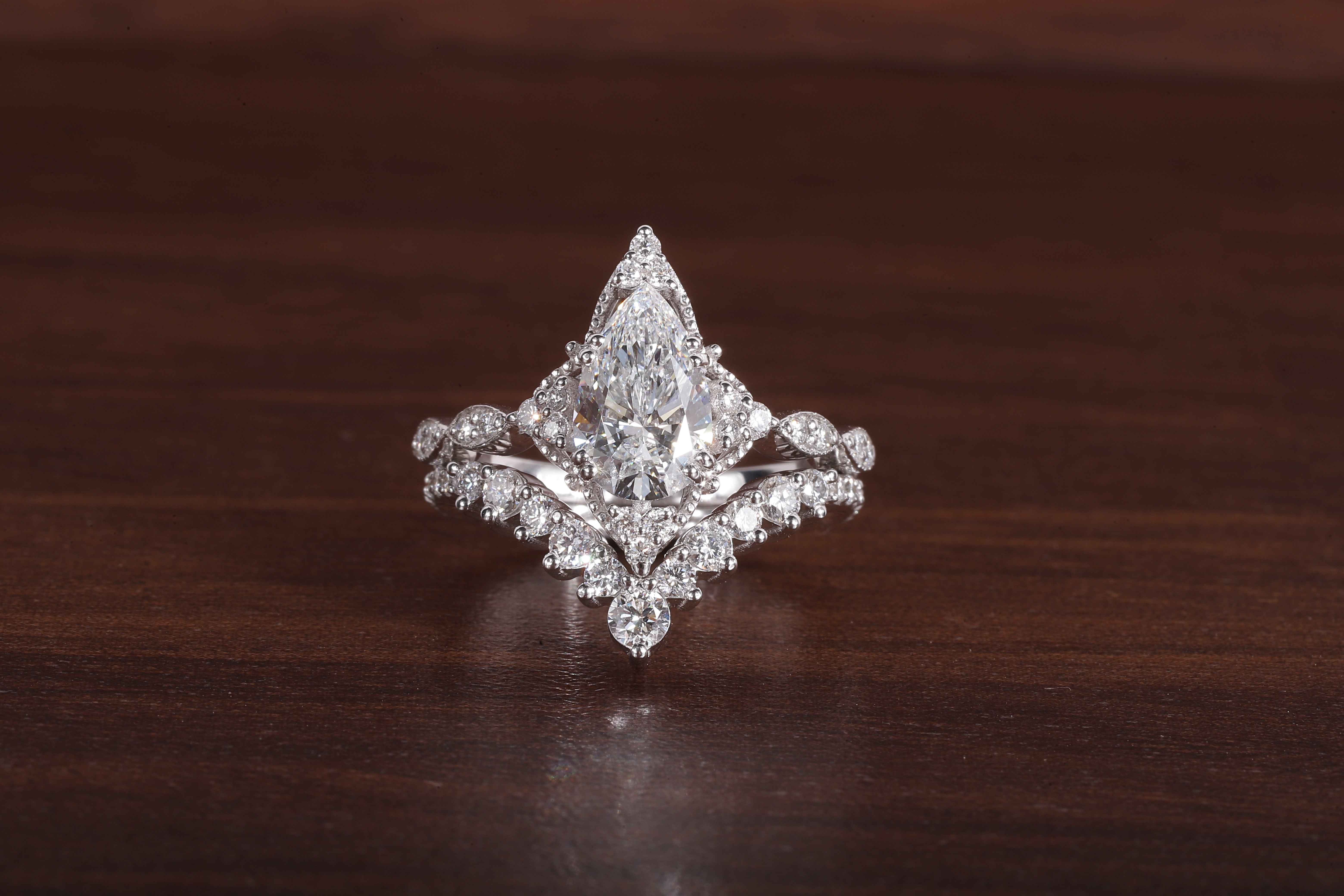 Vintage Moissanite Engagement Ring Set White Gold Pear Shaped Cluster