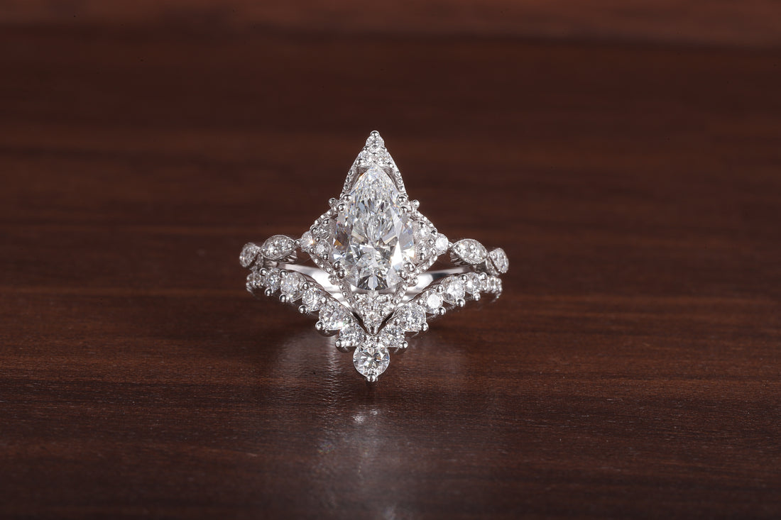 Vintage Moissanite Engagement Ring Set White Gold Pear Shaped Cluster
