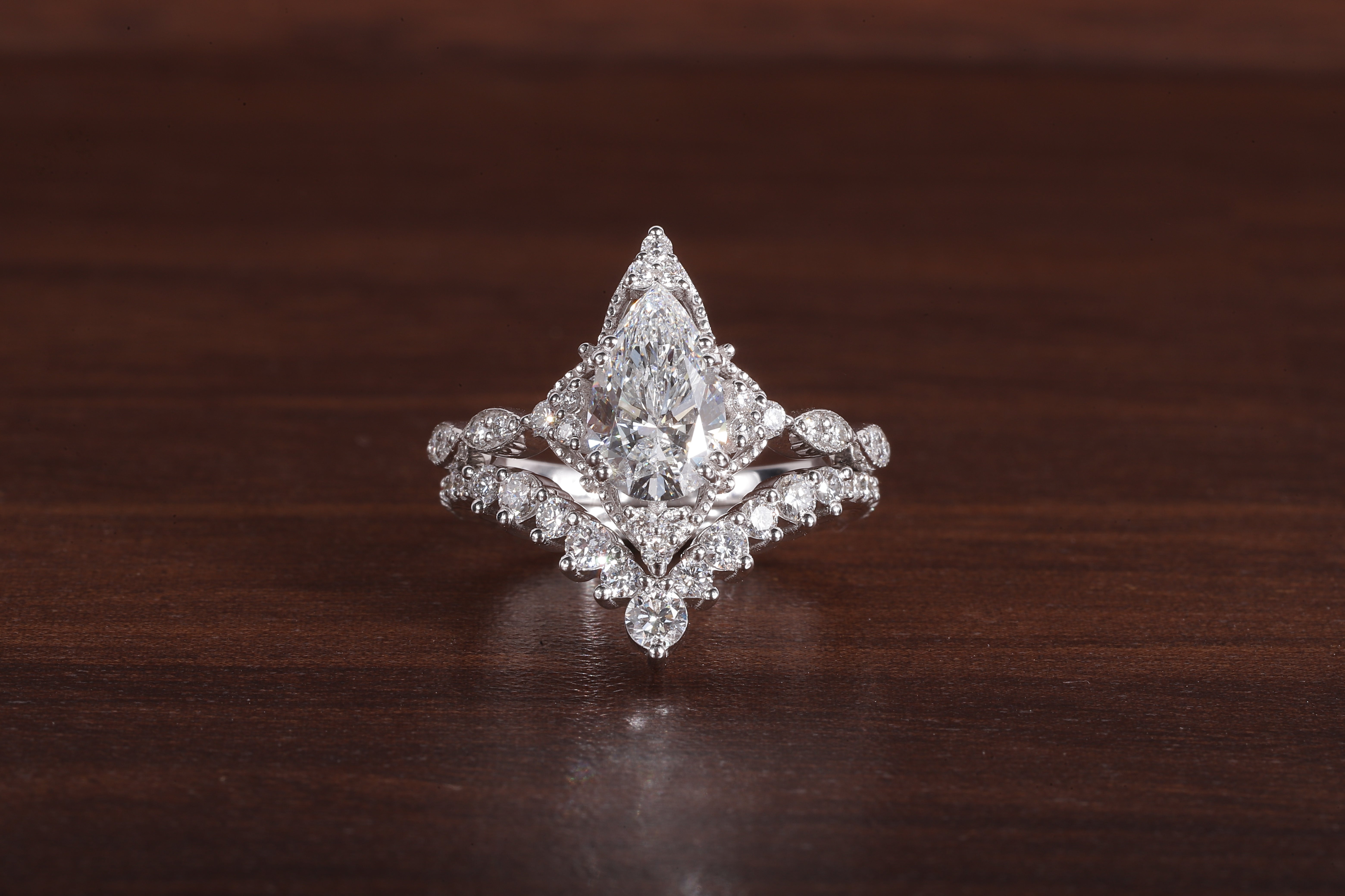 Vintage Moissanite Engagement Ring Set White Gold Pear Shaped Cluster