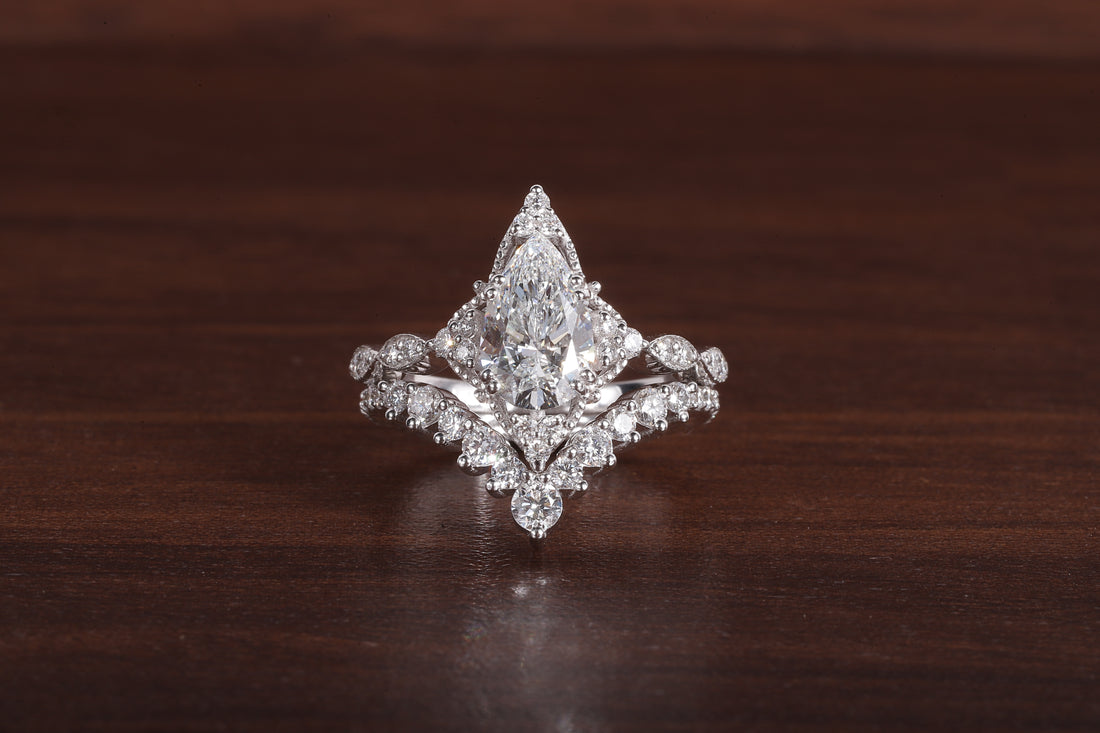 Vintage Moissanite Engagement Ring Set White Gold Pear Shaped Cluster