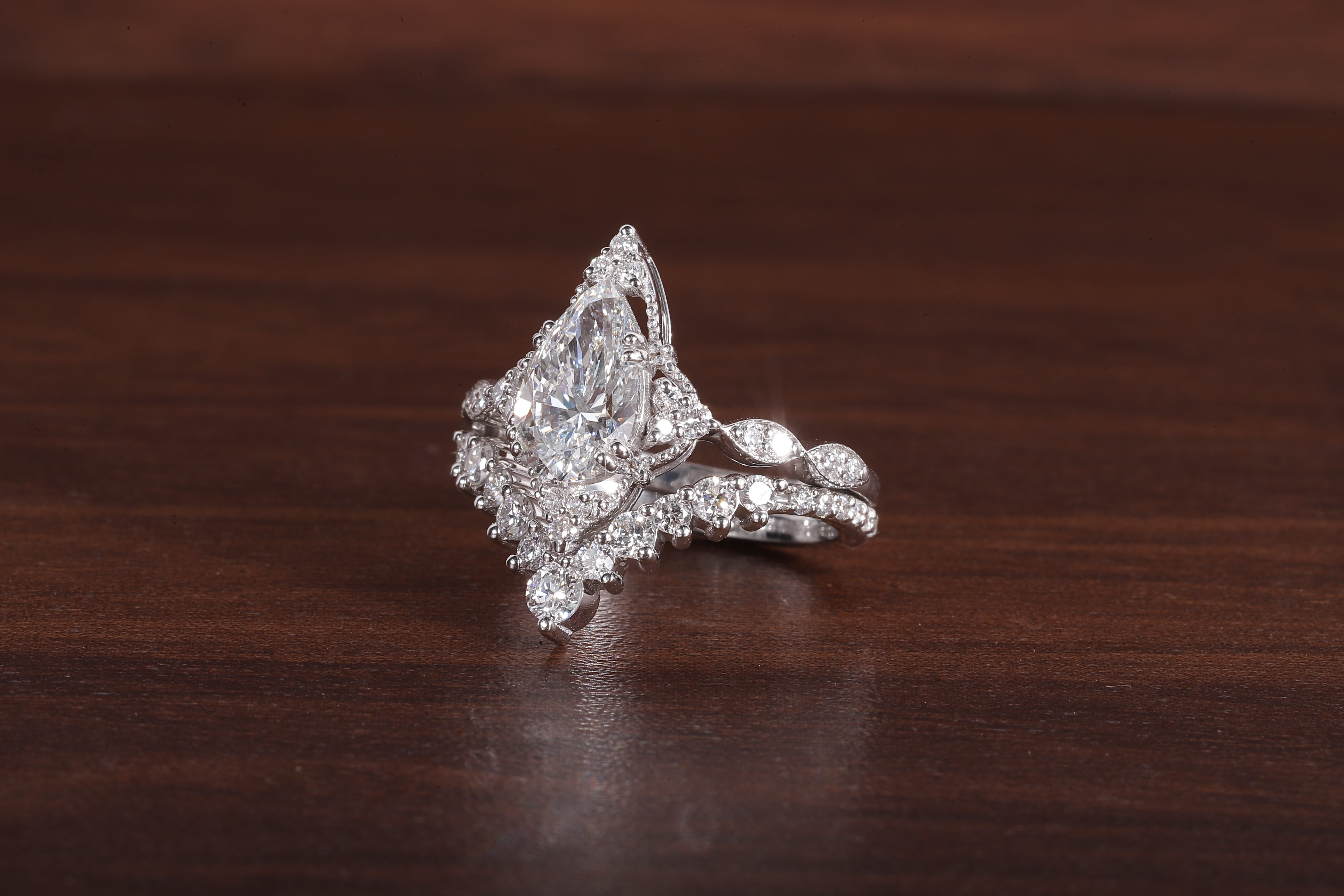 Vintage Moissanite Engagement Ring Set White Gold Pear Shaped Cluster