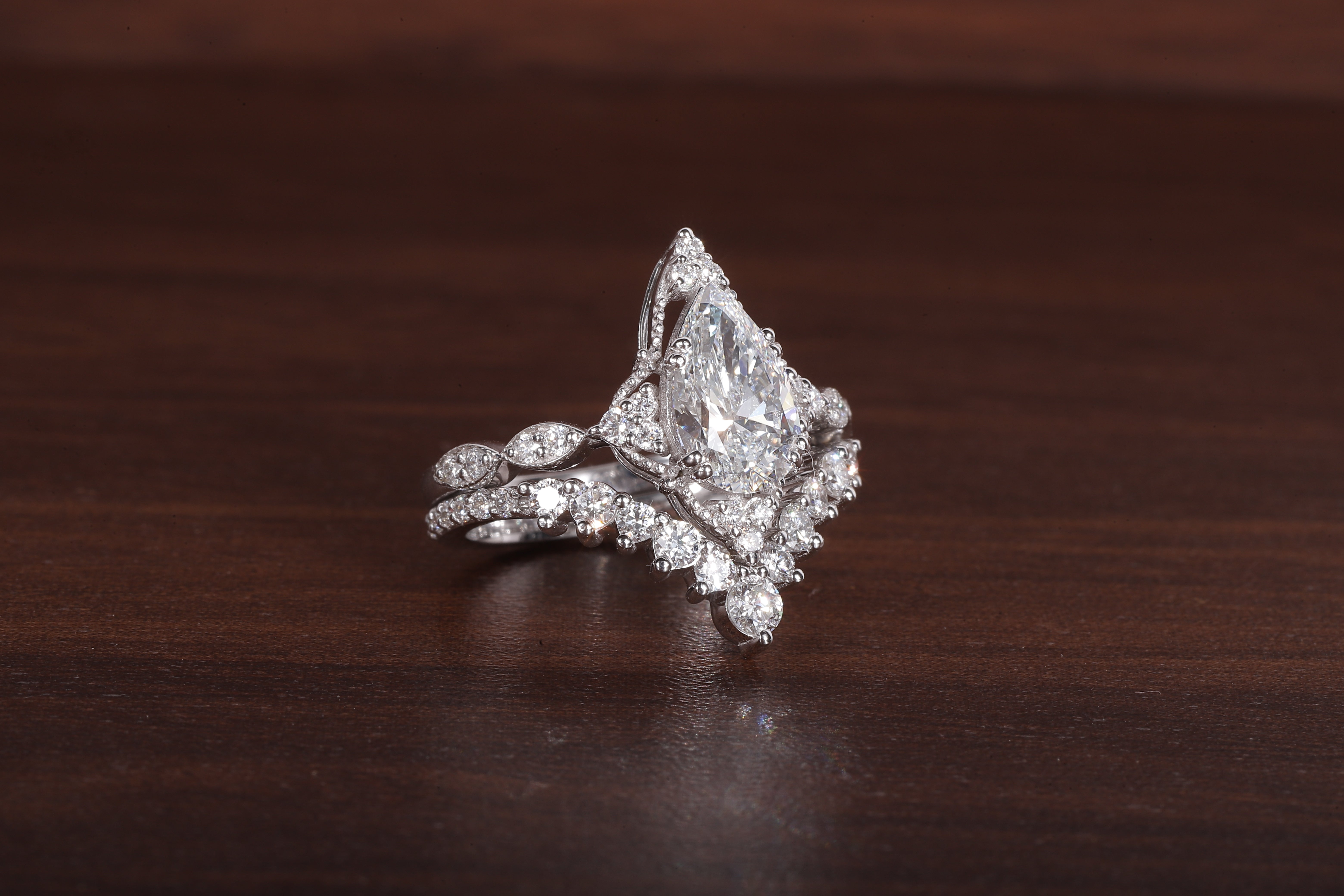 Vintage Moissanite Engagement Ring Set White Gold Pear Shaped Cluster