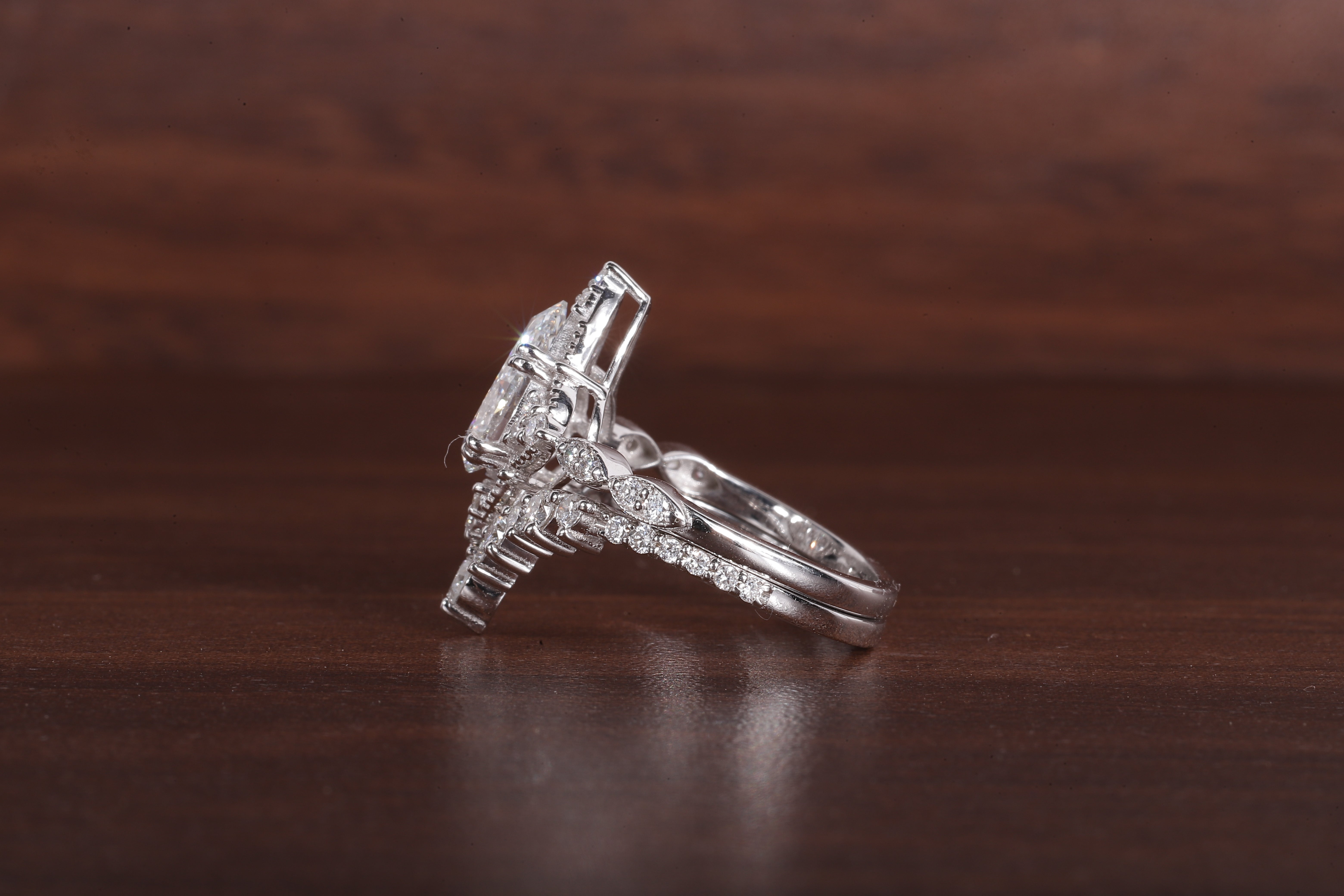Vintage Moissanite Engagement Ring Set White Gold Pear Shaped Cluster