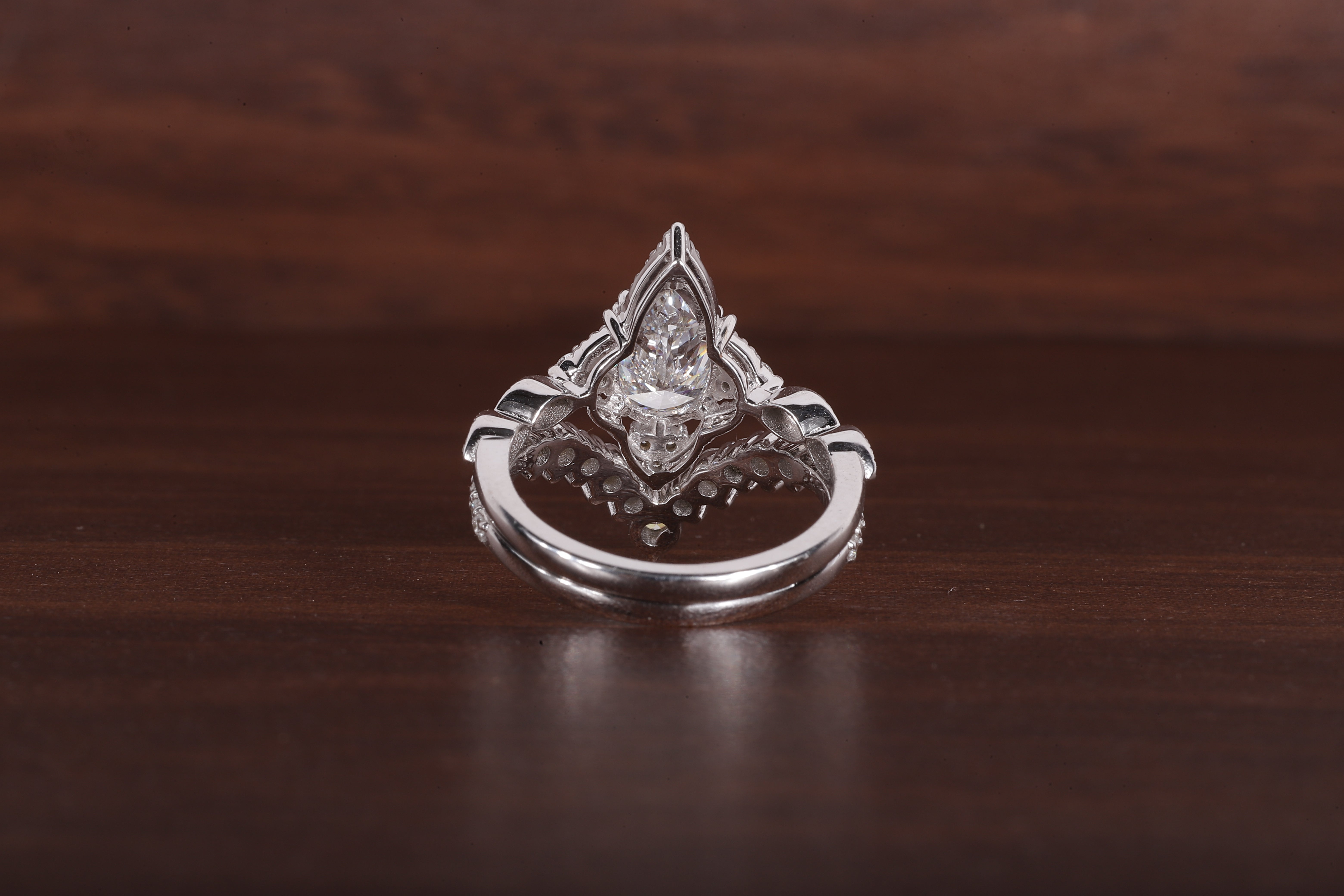 Vintage Moissanite Engagement Ring Set White Gold Pear Shaped Cluster