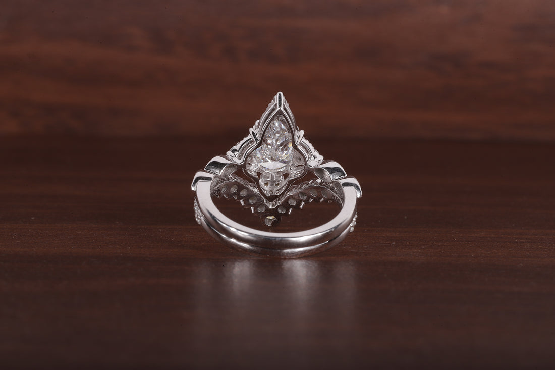 Vintage Moissanite Engagement Ring Set White Gold Pear Shaped Cluster