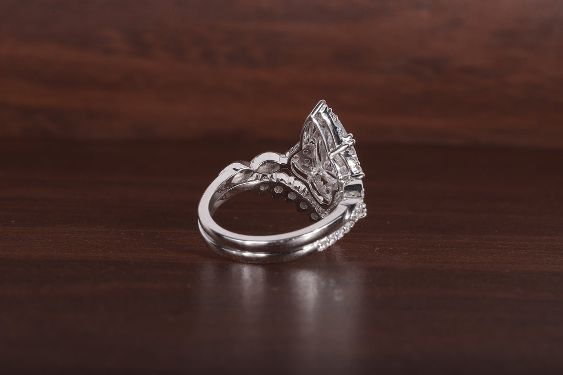 Vintage Moissanite Engagement Ring Set White Gold Pear Shaped Cluster