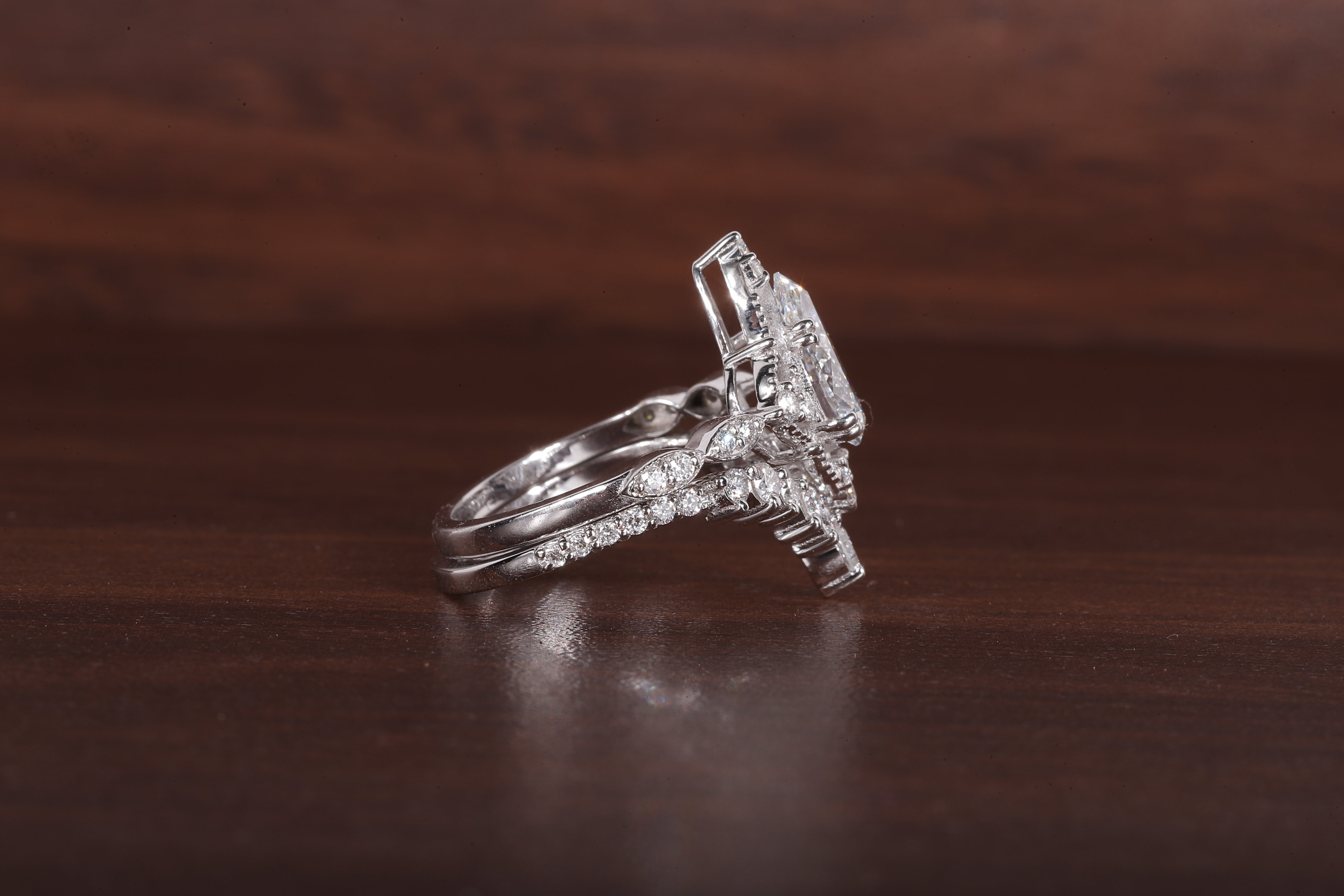 Vintage Moissanite Engagement Ring Set White Gold Pear Shaped Cluster