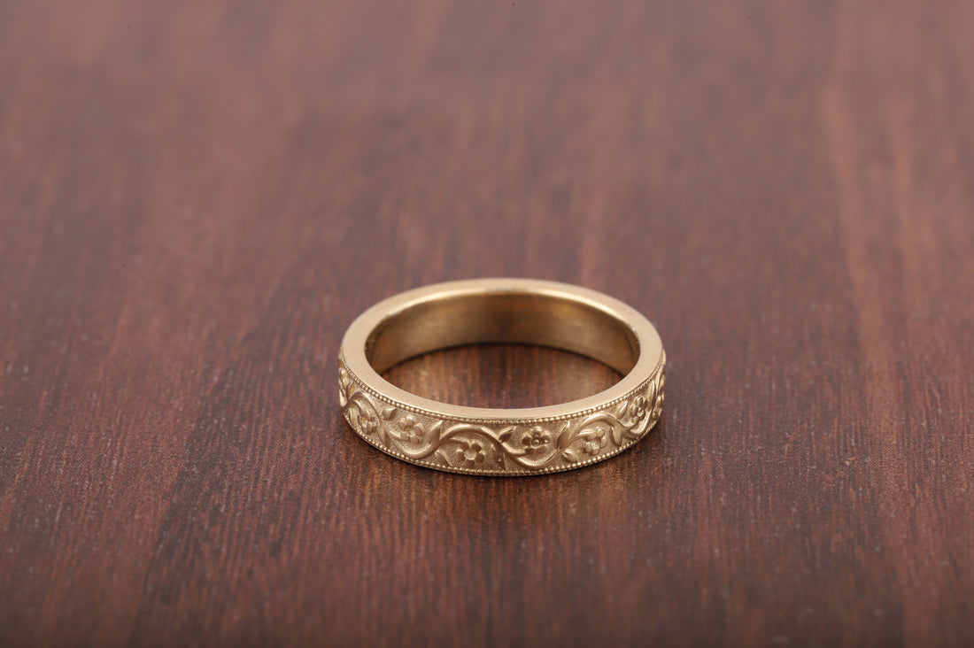 Milgrain Wedding Band Floral Wedding Band, Vintage Look Wedding Ring