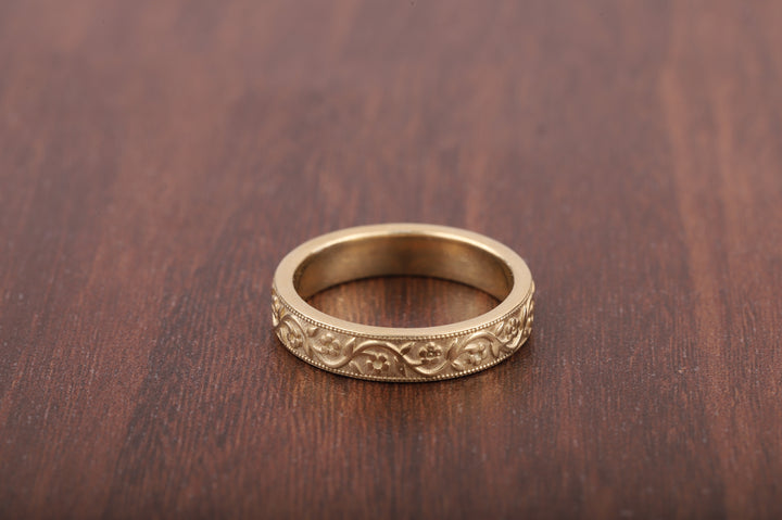 Milgrain Wedding Band Floral Wedding Band, Vintage Look Wedding Ring