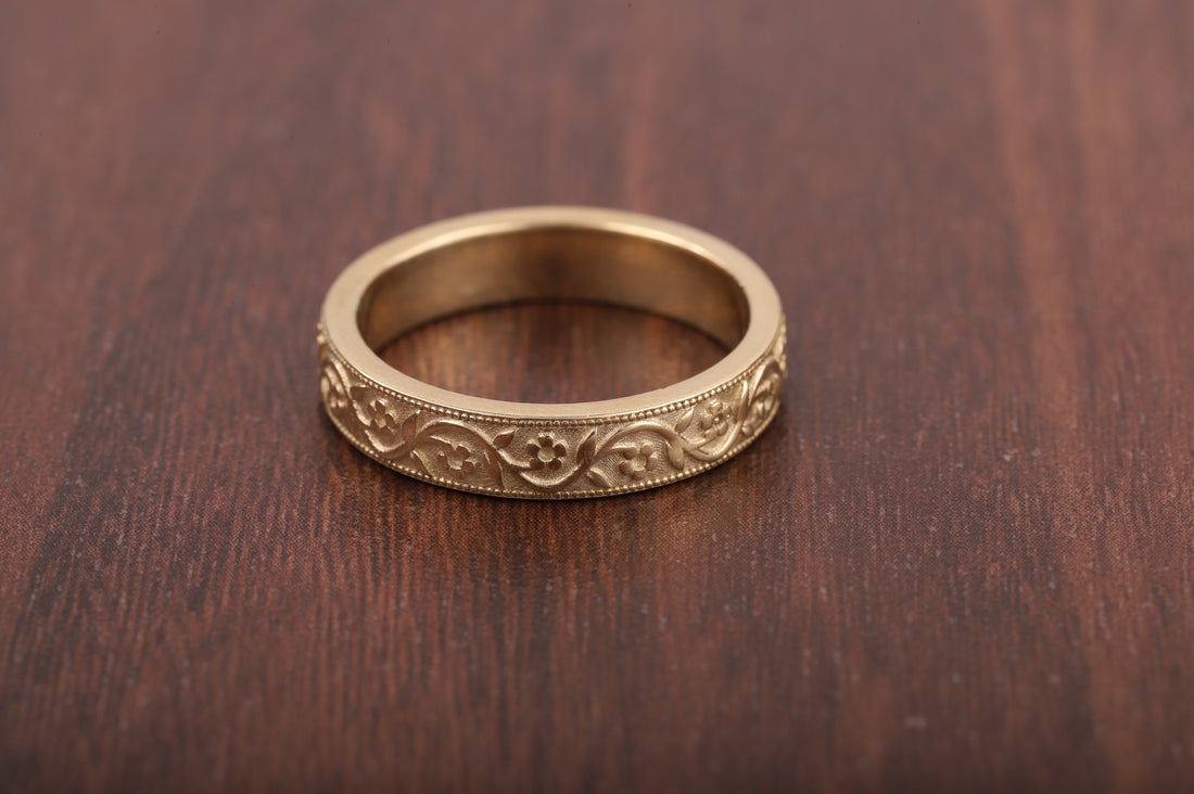 Milgrain Wedding Band Floral Wedding Band, Vintage Look Wedding Ring