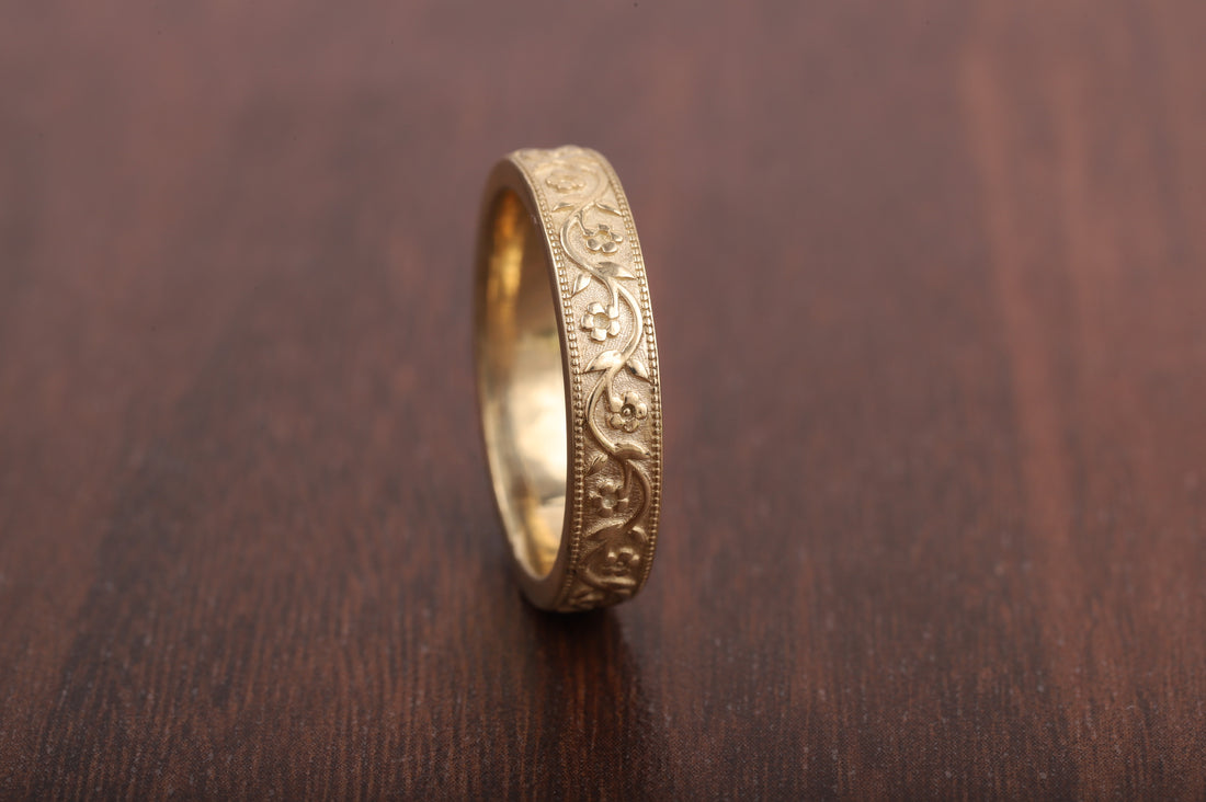 Milgrain Wedding Band Floral Wedding Band, Vintage Look Wedding Ring