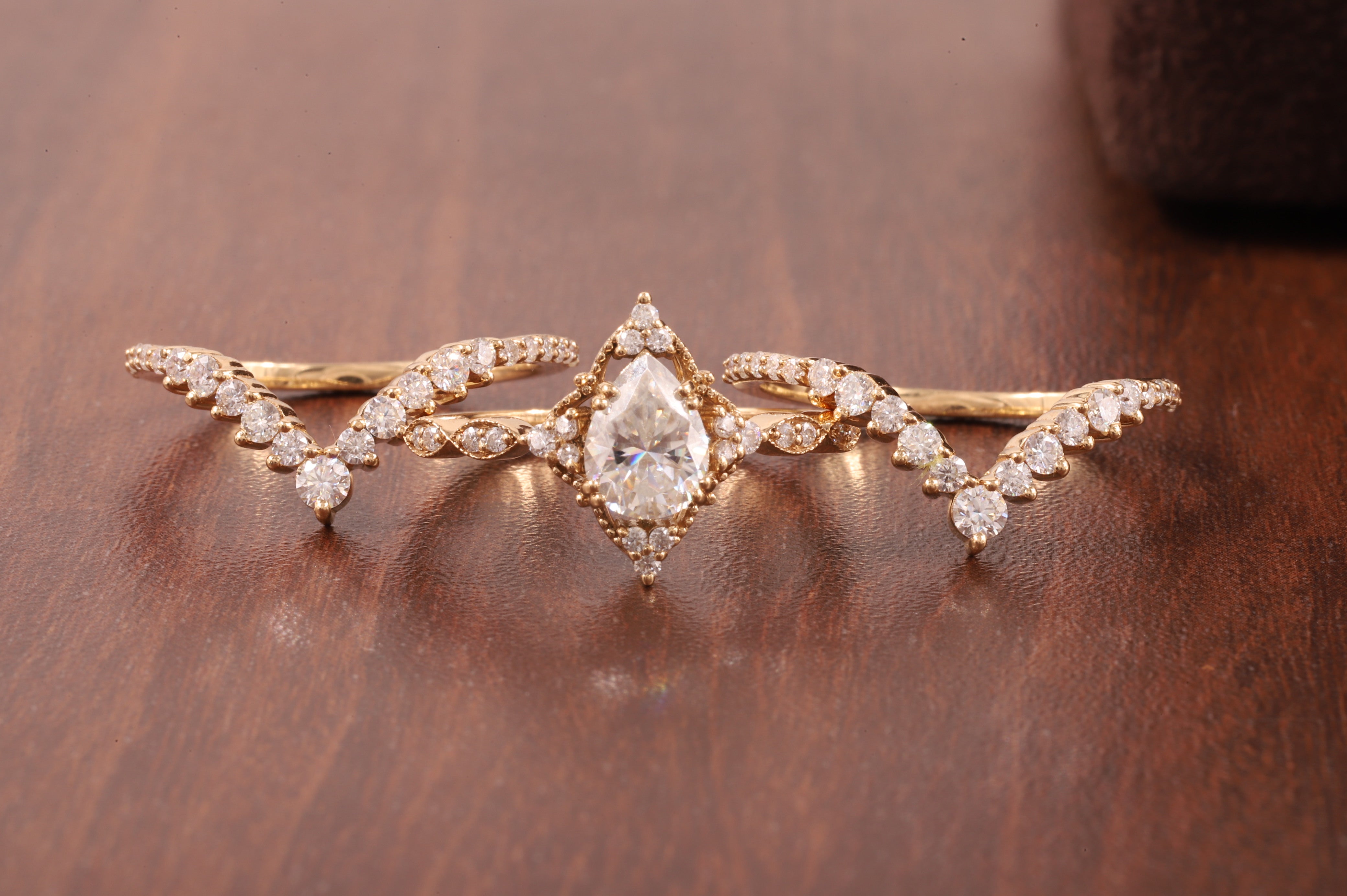 Pear Moissanite Bridal Set 3 Piece, Art Deco Cluster Engagement Ring