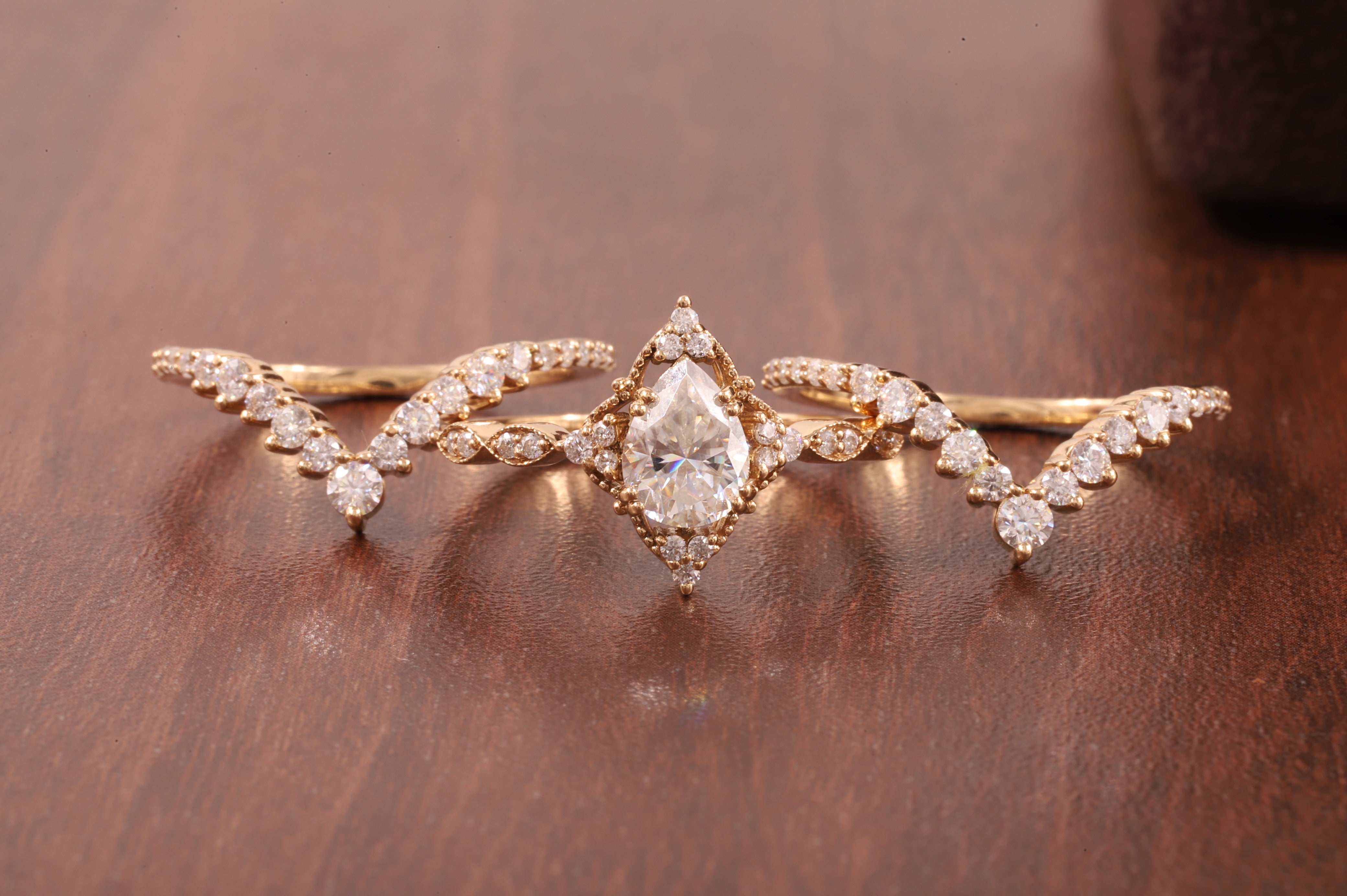 Pear Moissanite Bridal Set 3 Piece, Art Deco Cluster Engagement Ring