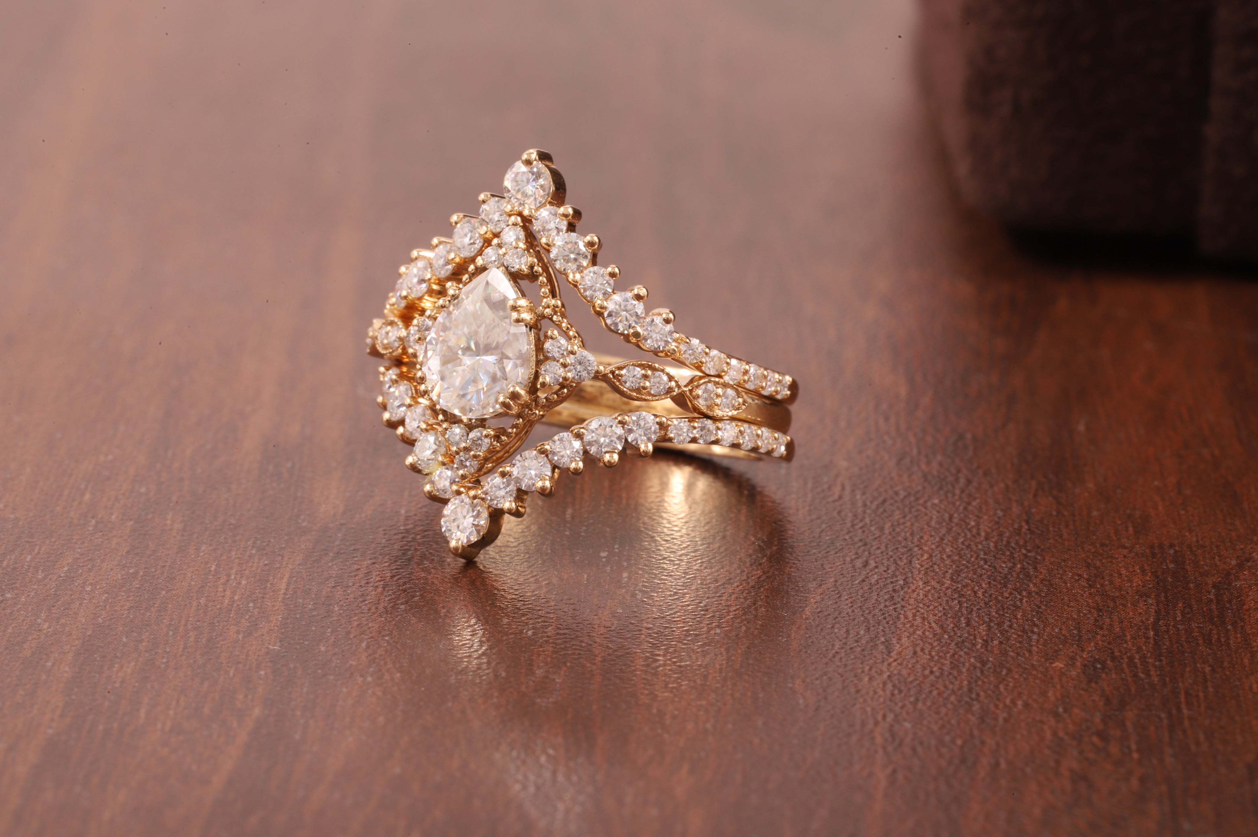 Pear Moissanite Bridal Set 3 Piece, Art Deco Cluster Engagement Ring