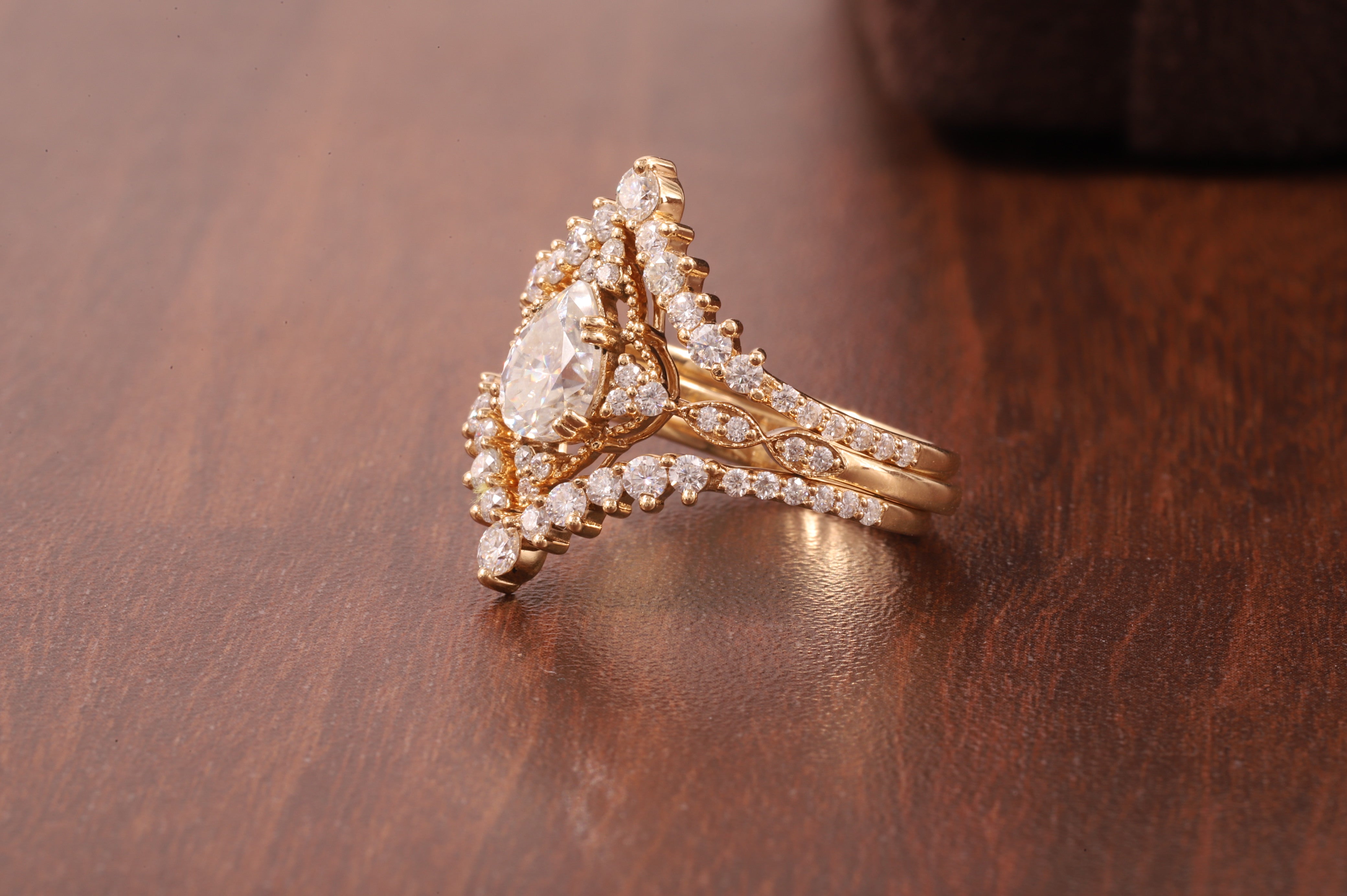 Pear Moissanite Bridal Set 3 Piece, Art Deco Cluster Engagement Ring