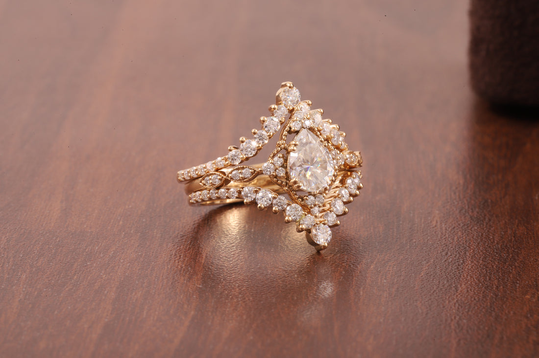 Pear Moissanite Bridal Set 3 Piece, Art Deco Cluster Engagement Ring