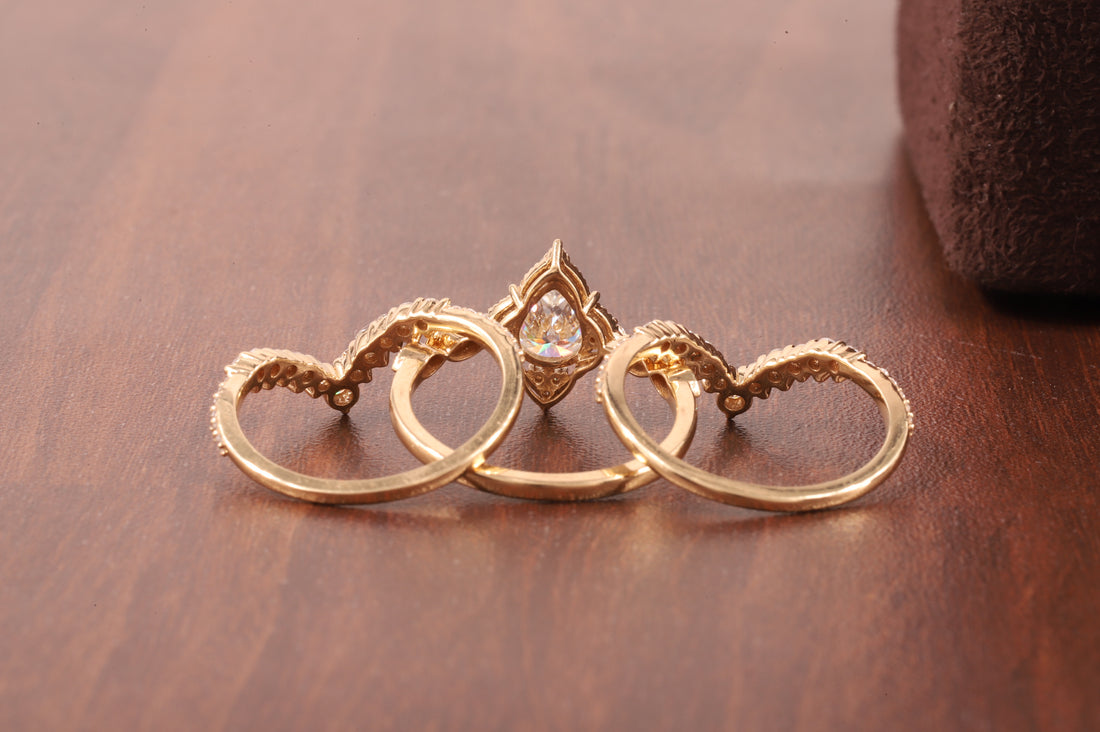 Pear Moissanite Bridal Set 3 Piece, Art Deco Cluster Engagement Ring