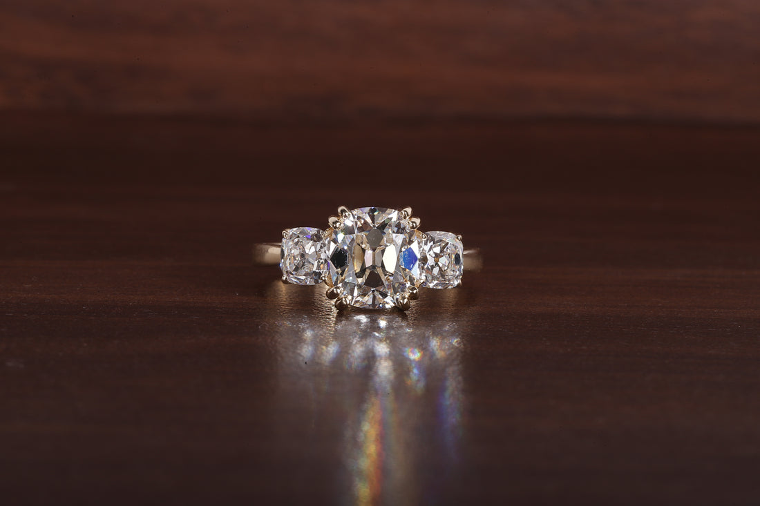 Three old mine cushion Lab Grown Diamond Ring, Double Prong Engagement Ring