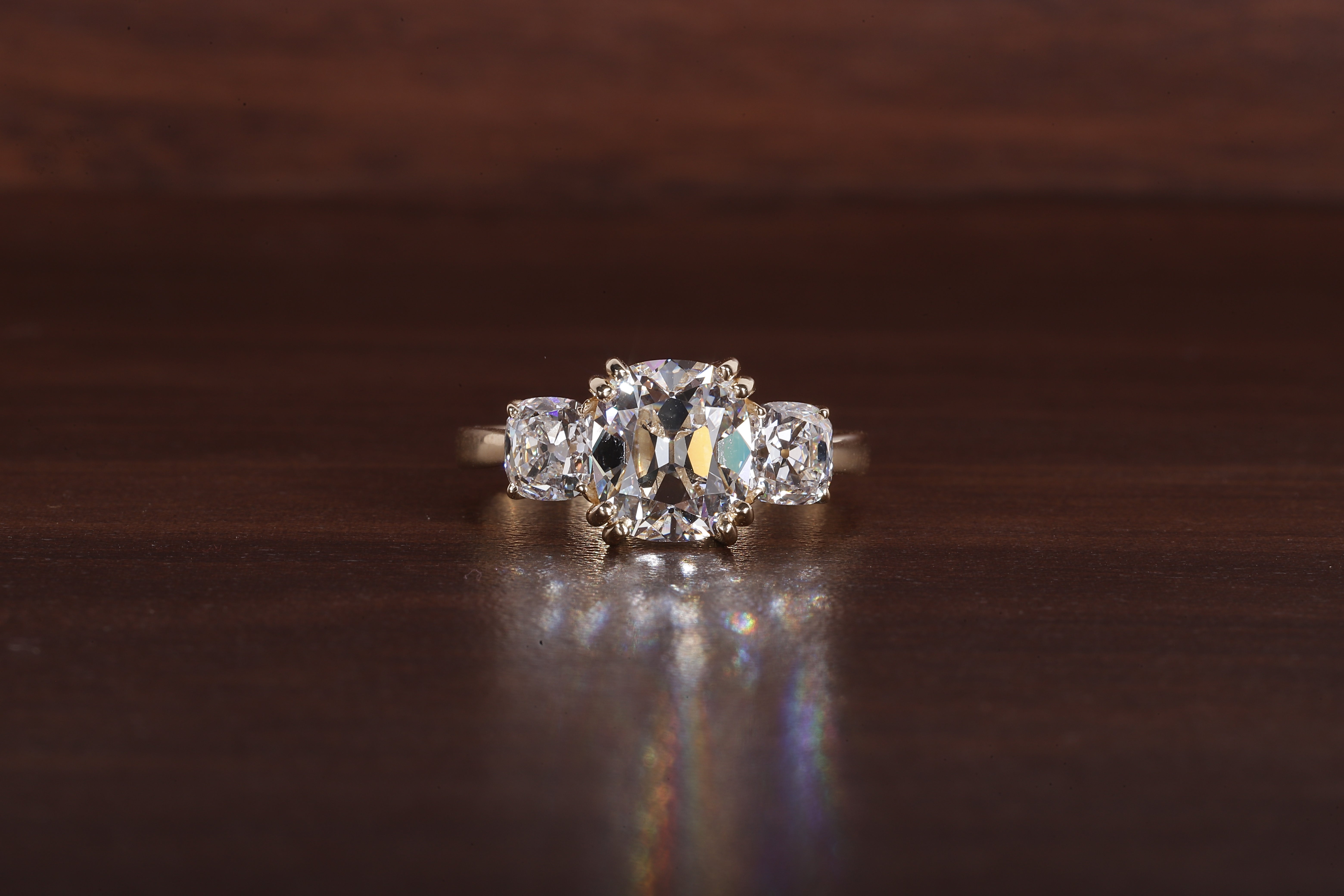 Three old mine cushion Lab Grown Diamond Ring, Double Prong Engagement Ring
