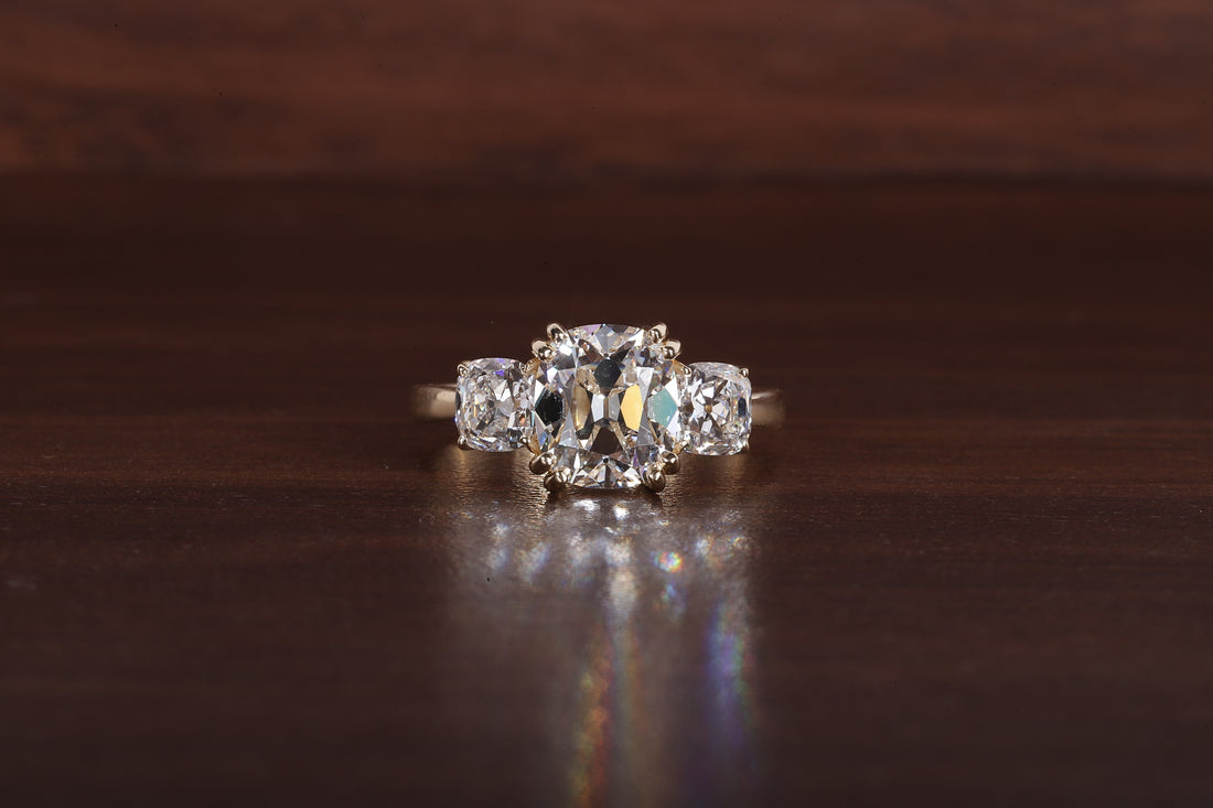 Three old mine cushion Lab Grown Diamond Ring, Double Prong Engagement Ring