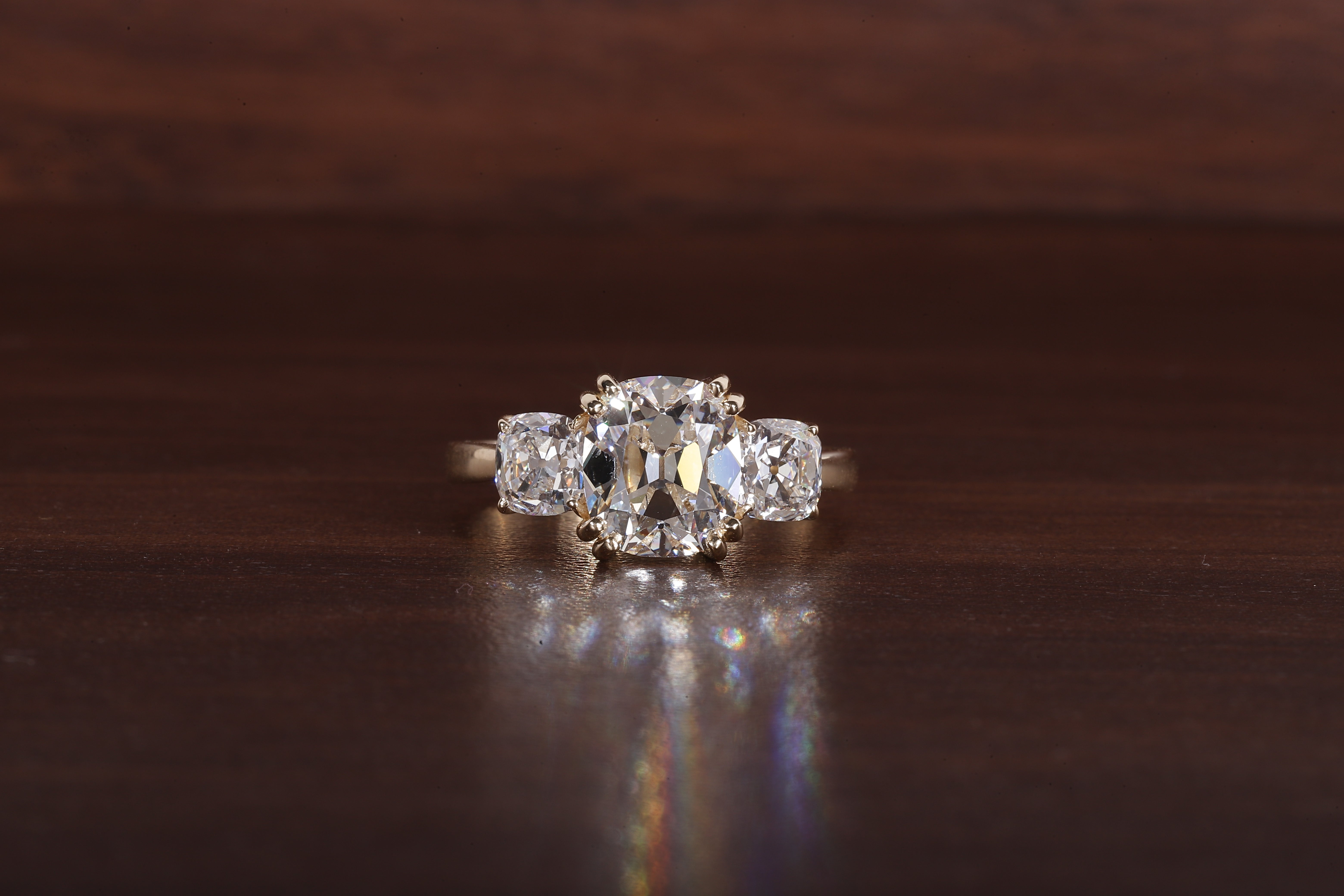 Three old mine cushion Lab Grown Diamond Ring, Double Prong Engagement Ring