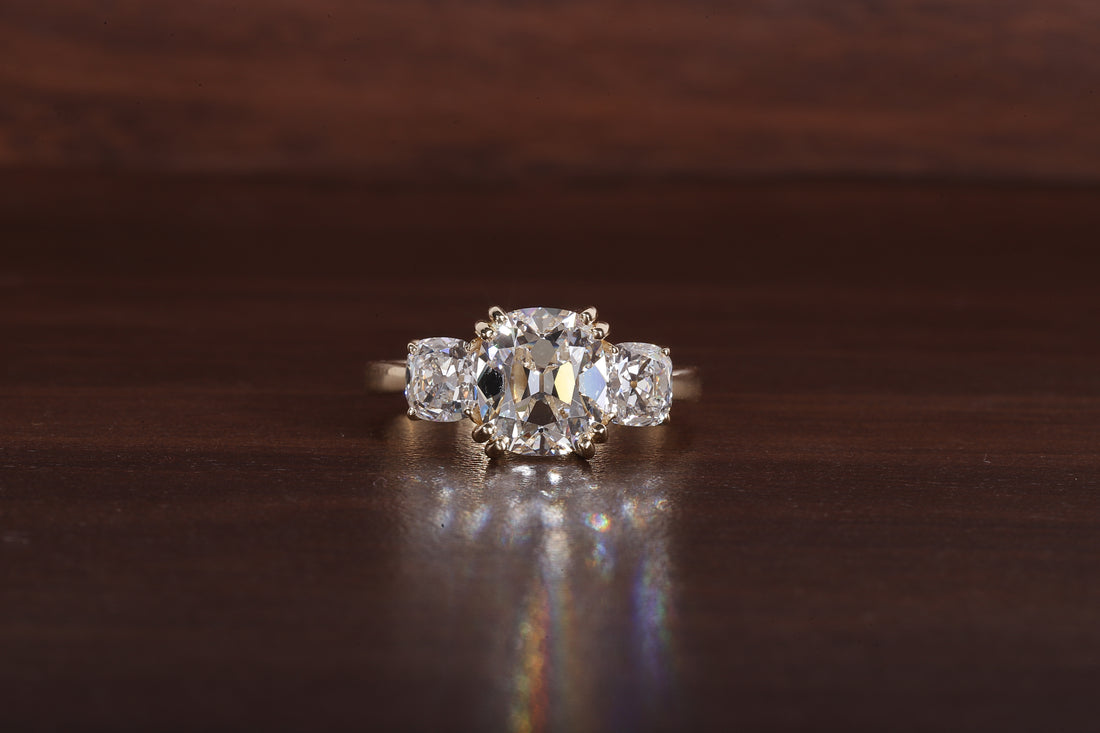 Three old mine cushion Lab Grown Diamond Ring, Double Prong Engagement Ring