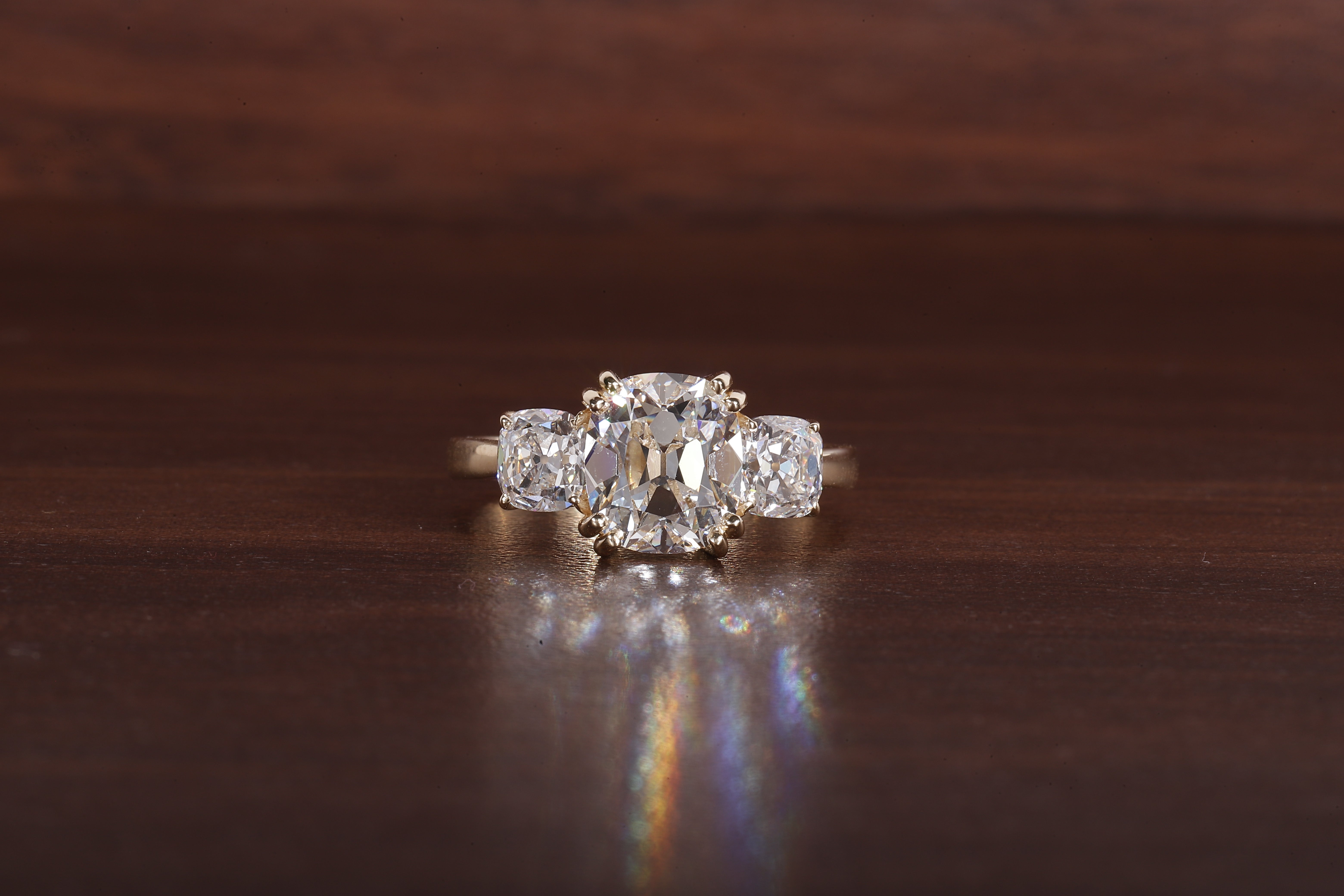 Three old mine cushion Lab Grown Diamond Ring, Double Prong Engagement Ring