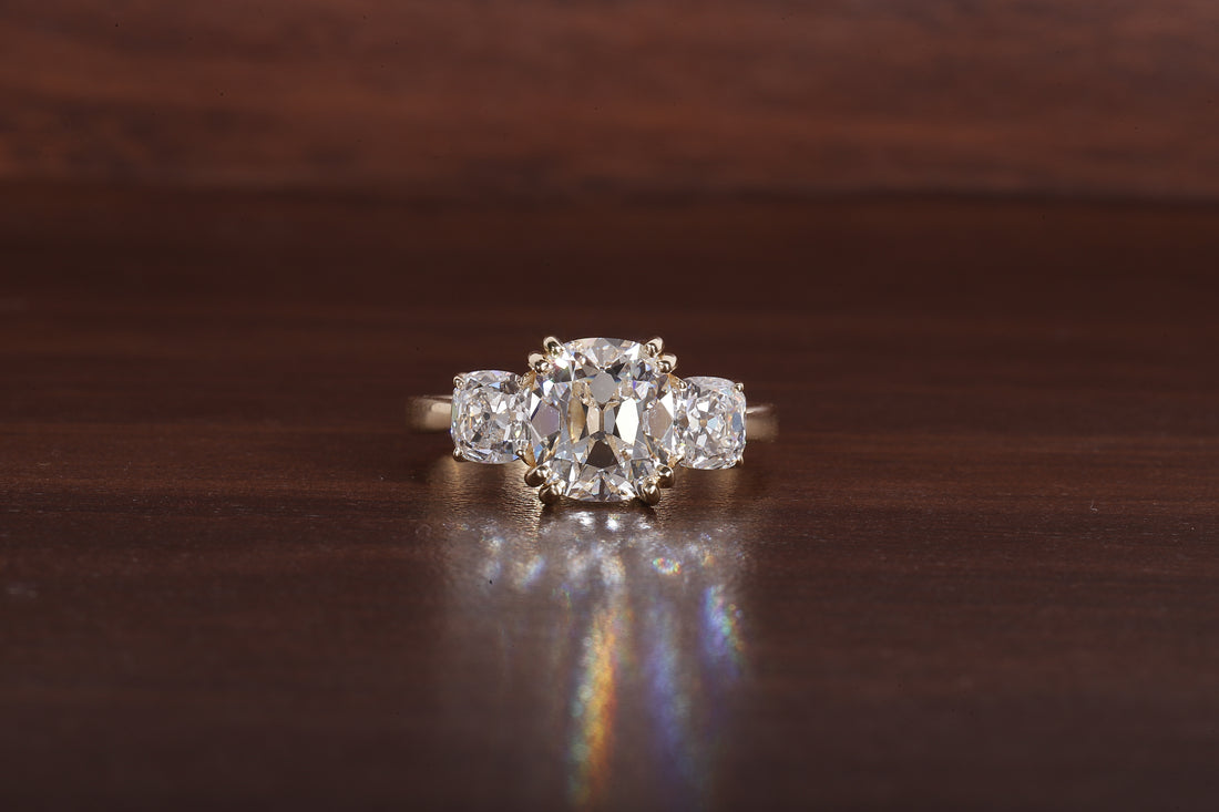 Three old mine cushion Lab Grown Diamond Ring, Double Prong Engagement Ring
