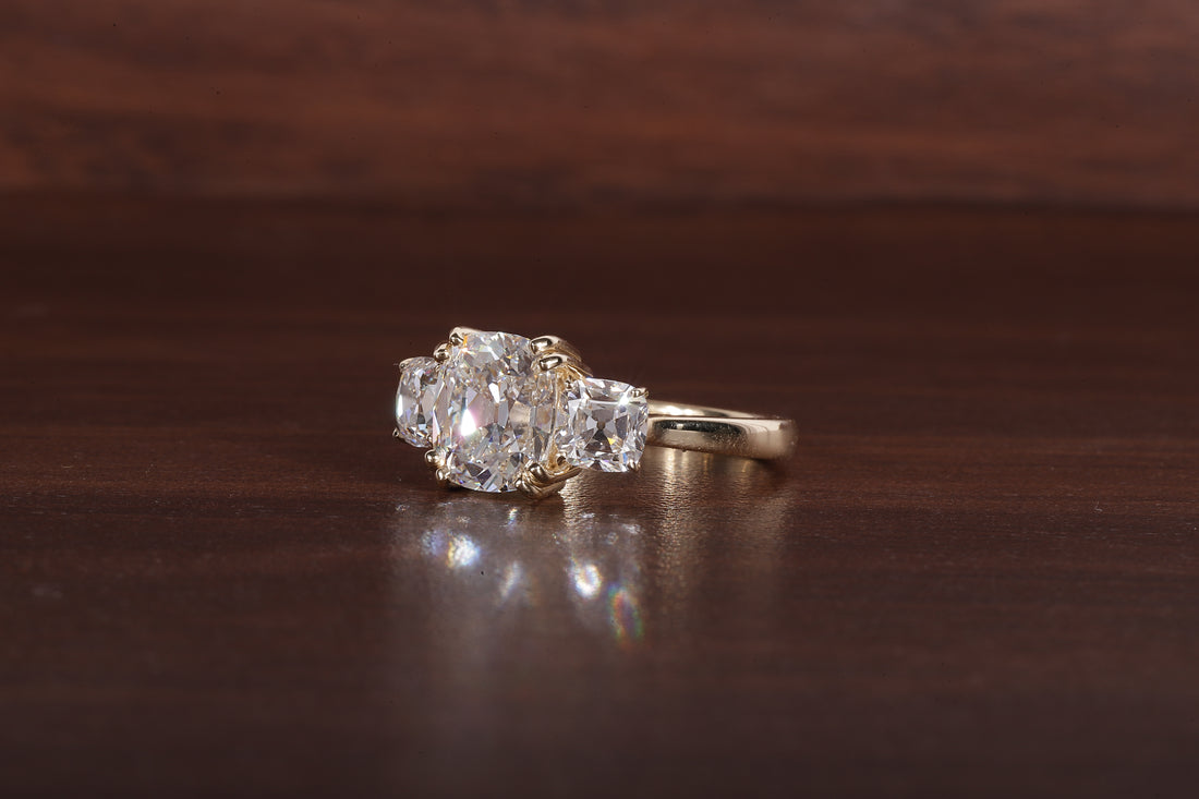 Three old mine cushion Lab Grown Diamond Ring, Double Prong Engagement Ring