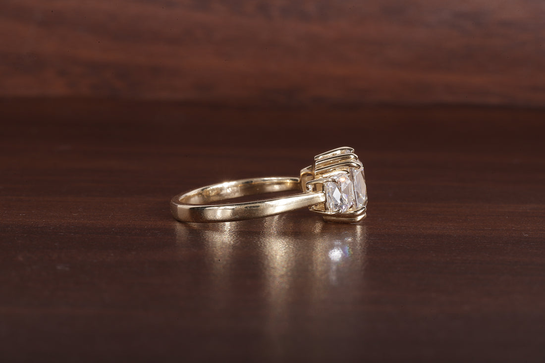 Three old mine cushion Lab Grown Diamond Ring, Double Prong Engagement Ring