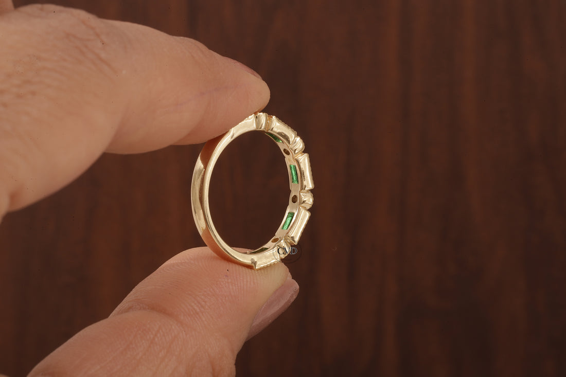 Green baguette and round moissanite milgrain bezel set