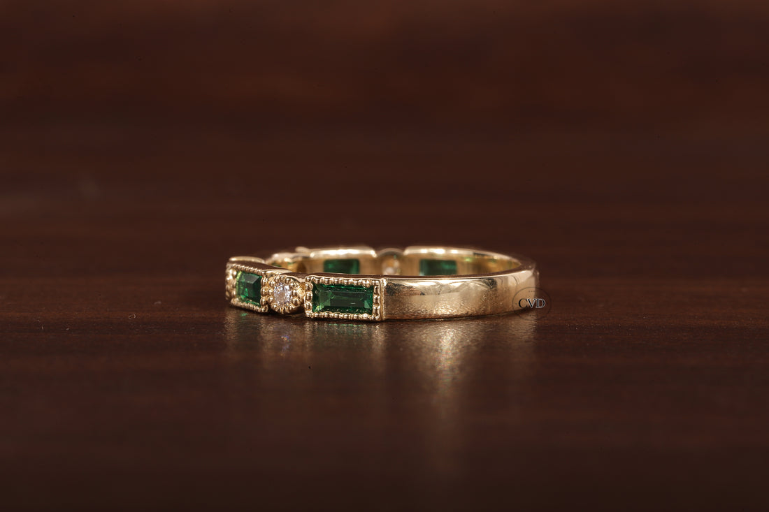 Green baguette and round moissanite milgrain bezel set