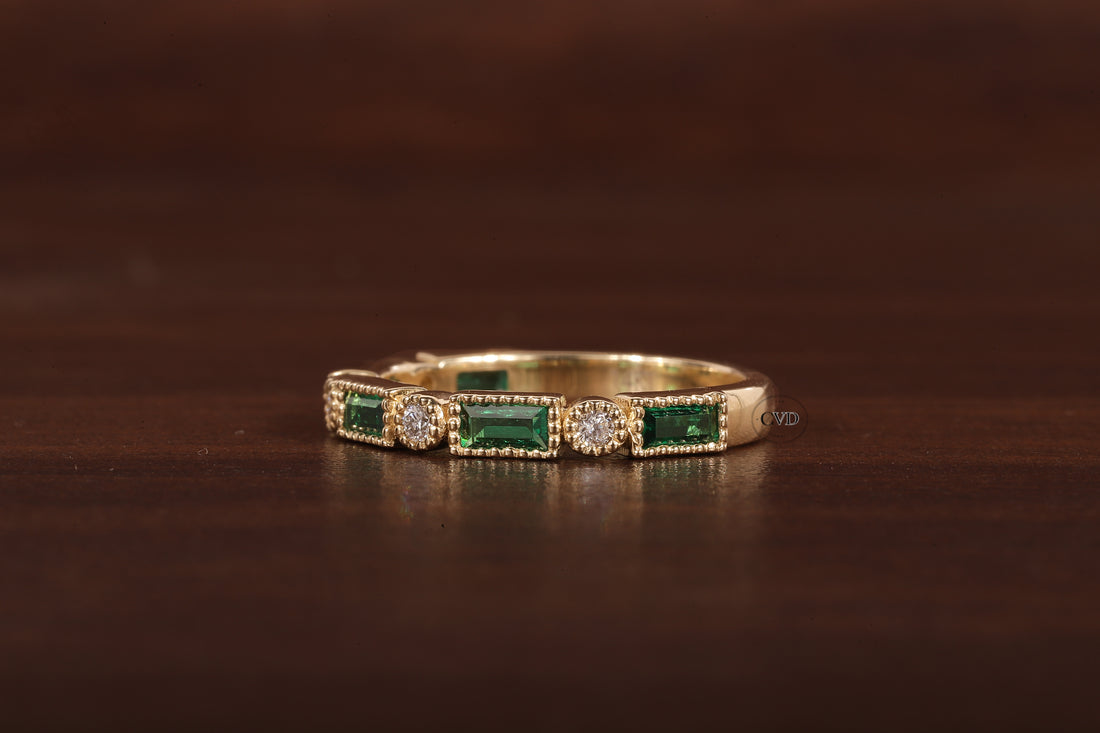 Green baguette and round moissanite milgrain bezel set