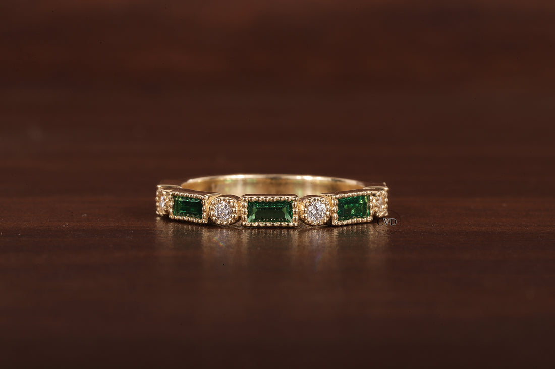 Green baguette and round moissanite milgrain bezel set
