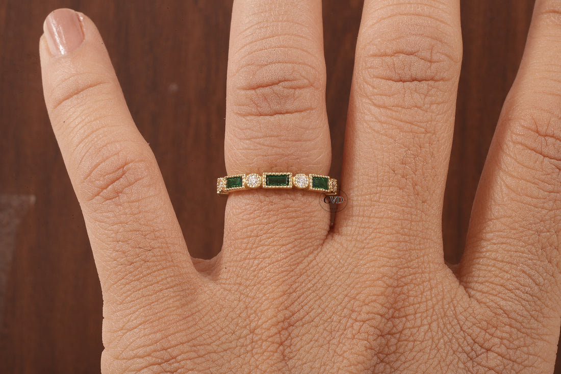 Green baguette and round moissanite milgrain bezel set