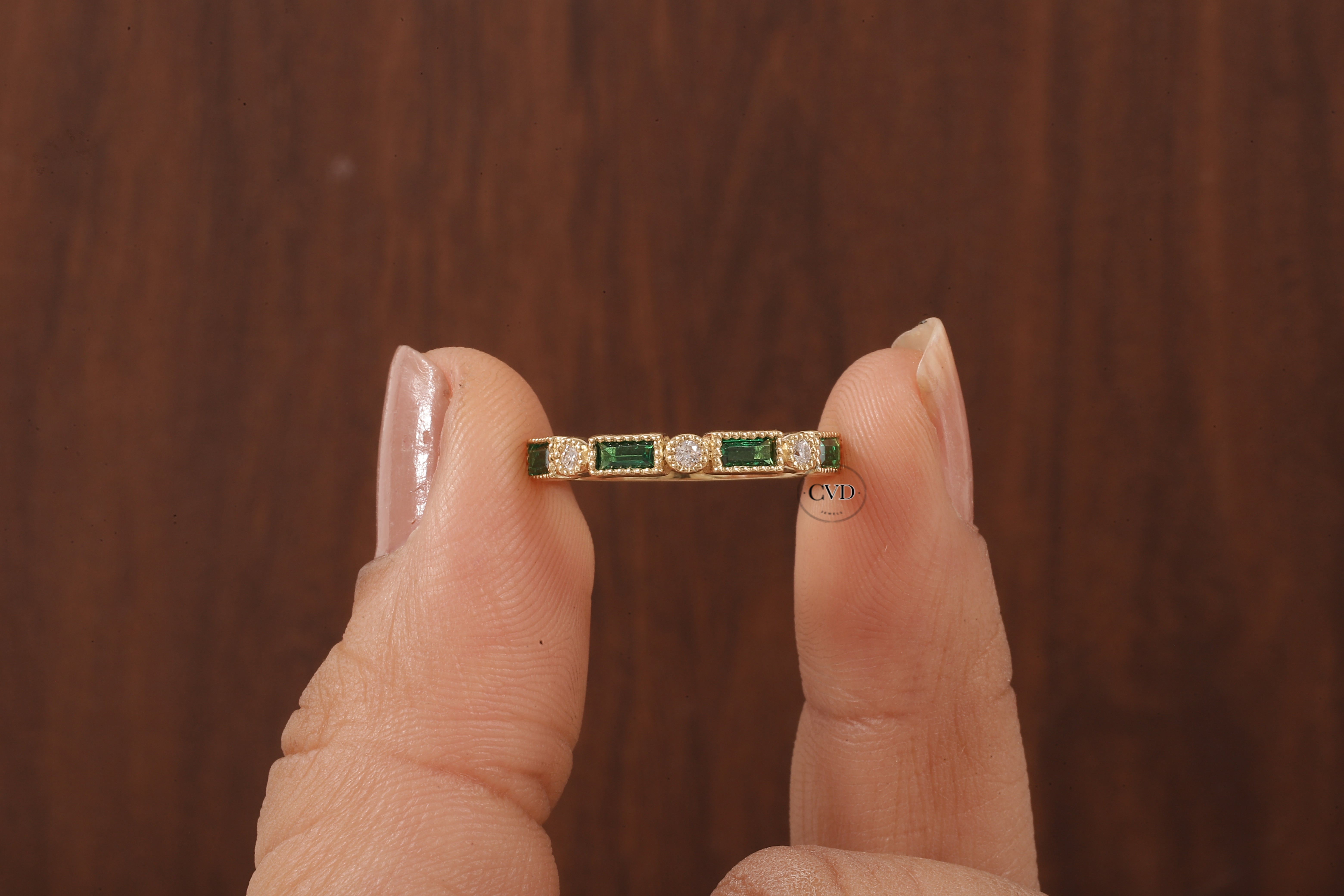 Green baguette and round moissanite milgrain bezel set